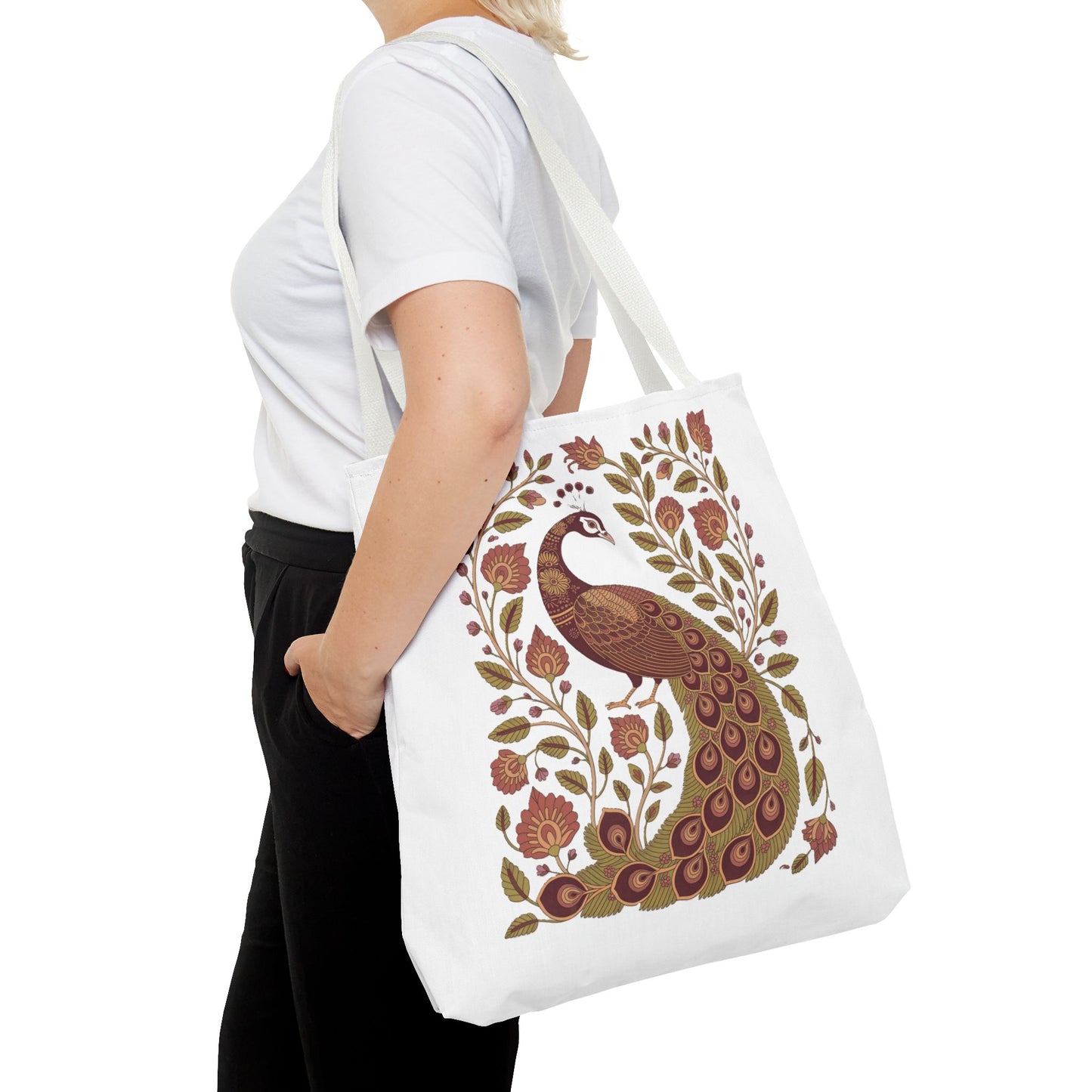 Peacock Tote Bag with Floral Vines and Paisley Motifs showcases an elegant peacock amid intricate floral and paisley patterns, ideal for nature lovers seeking a stylish, eco-friendly accessory from FireBrook Designs.