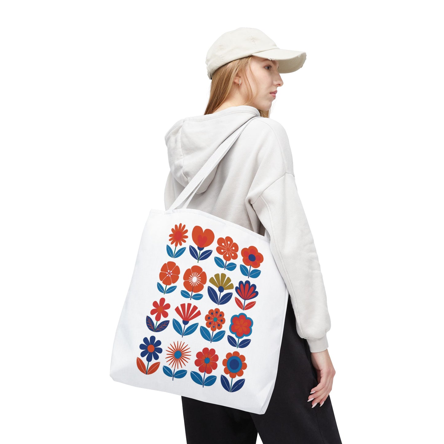 Floral Tote Bag with mid-century modern floral design, ideal for fashion-forward individuals. Durable 100% polyester, reinforced handles, and boxed corners, available in multiple sizes from FireBrook Essentials. Perfect for everyday use.