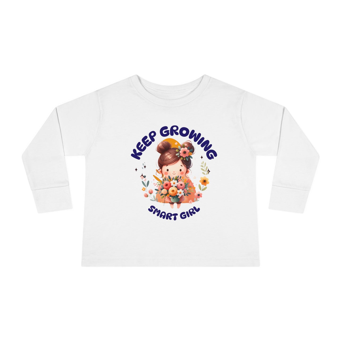 Keep Growing Smart Girl Long Sleeve Toddler T-Shirt featuring a cartoon girl holding flowers, designed for comfort with ribbed collar and cuffs, perfect for inspiring young girls.