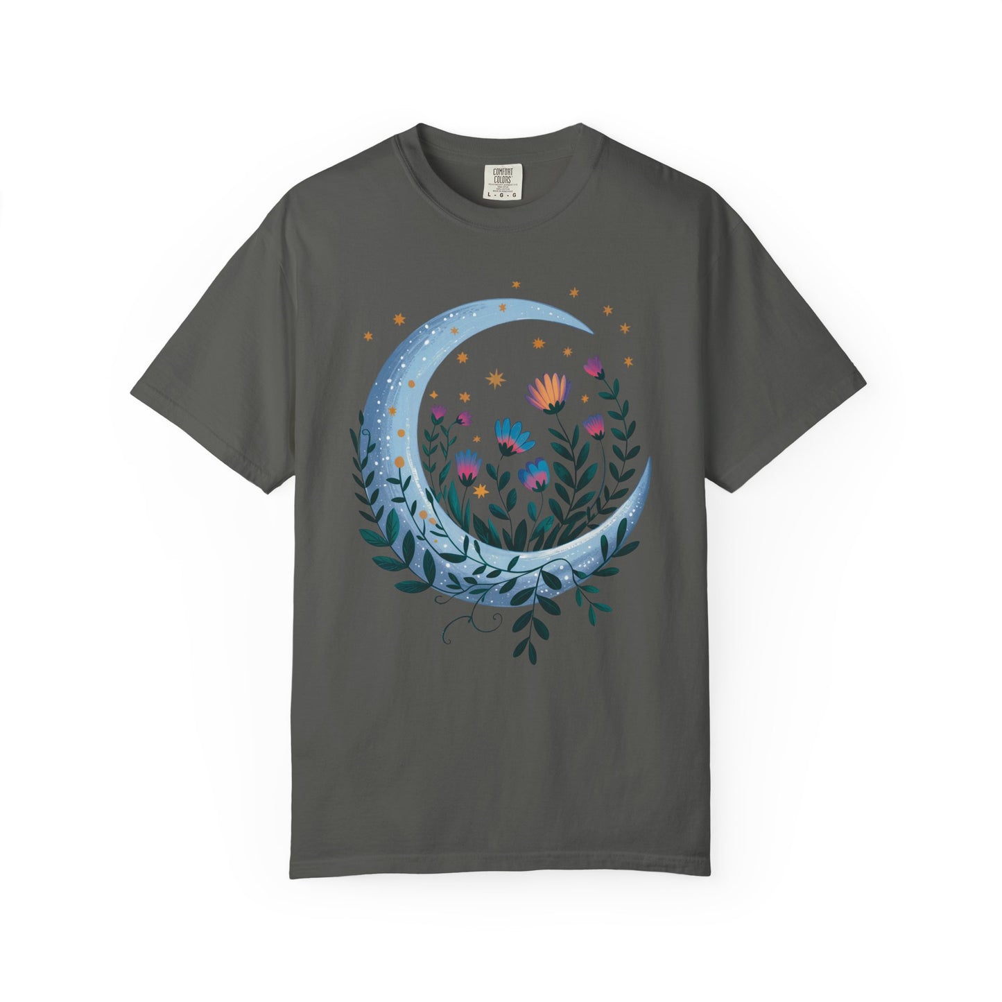Crescent Moon with Flowers T-Shirt featuring a bohemian design, showcases a crescent moon entwined with delicate flowers, embodying a dreamy, nature-inspired vibe, perfect for casual or celebratory moments.
