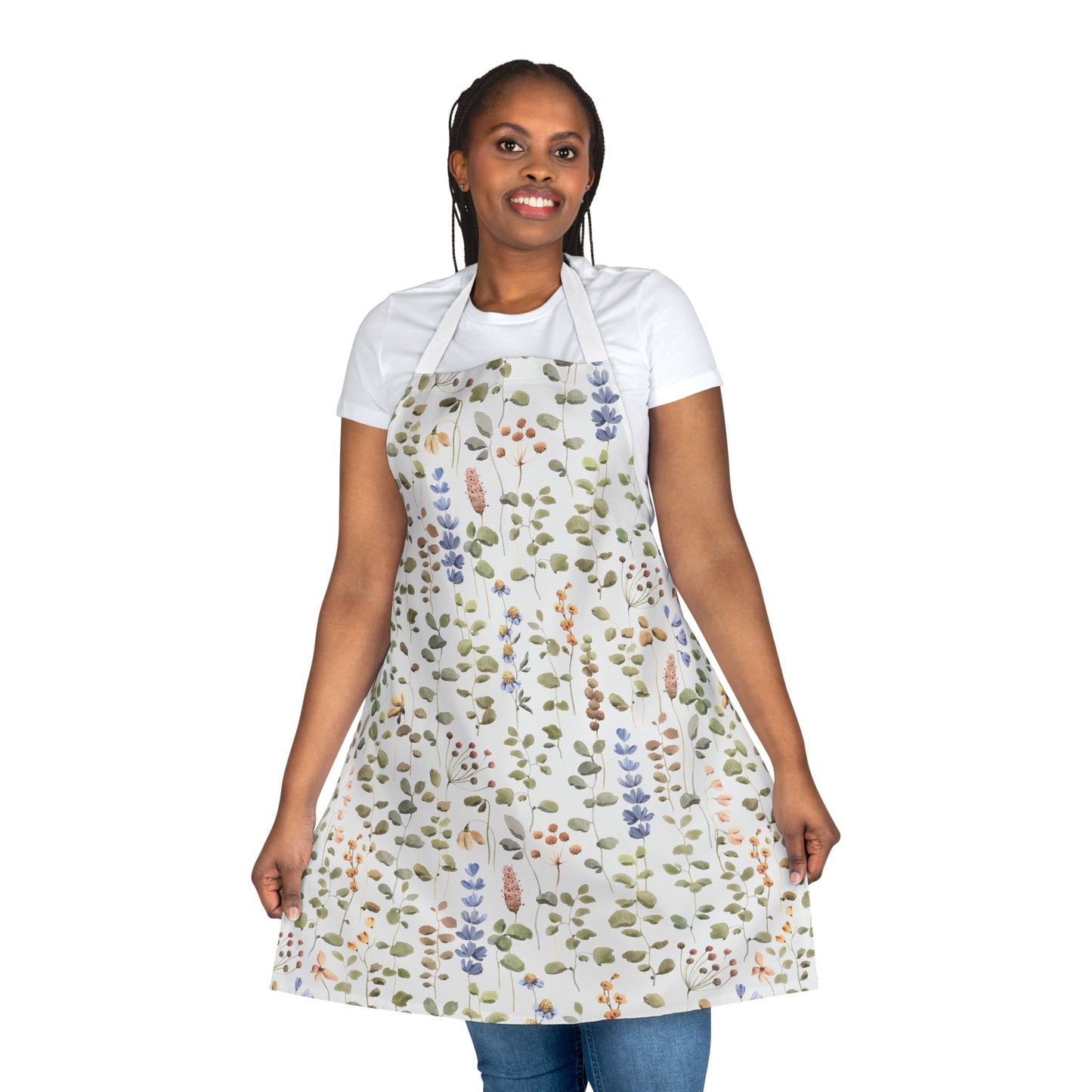 Woman wearing the Apron, Wildflower Design, 5-Color Straps, showcasing vibrant patterns and a comfortable fit, ideal for cooking or art, embodying FireBrook Designs' blend of style and practicality.