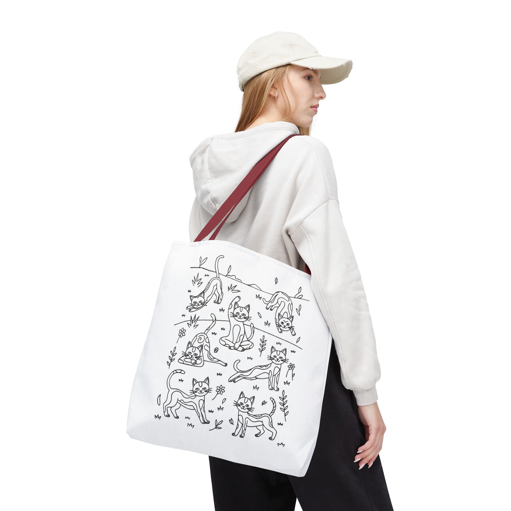 Yoga Cat Tote Bag: A whimsical tote featuring cats in yoga poses, perfect for carrying essentials. Durable polyester with reinforced handles and boxed corners, ideal for cat lovers and yoga enthusiasts from FireBrook Designs.
