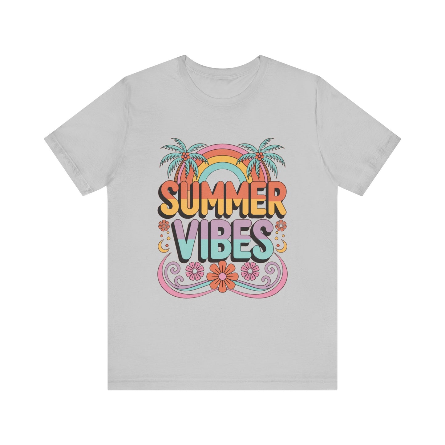 Summer Vibes Bella+Canvas Unisex Tee featuring a colorful graphic design with palm trees and a rainbow, ideal for casual and semi-formal wear, embodying FireBrook Essentials' joyful and stylish ethos.