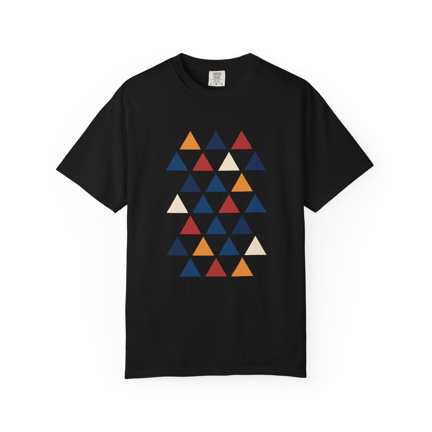Geometric Triangle Grid T-Shirt showcasing a modern design with equilateral triangles. This unisex top offers minimalist style and comfort, aligning with FireBrook Essentials' focus on uplifting, stylish apparel.