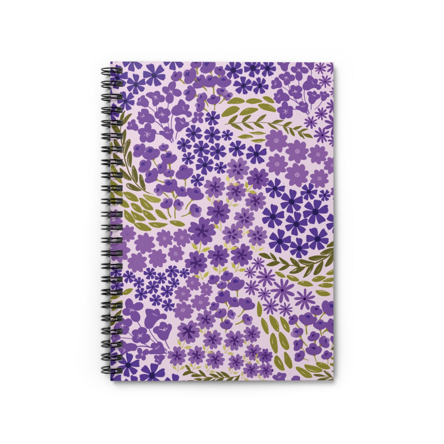 Floral Spiral Notebook featuring a vibrant pattern of purple flowers and olive leaves on a pale lavender cover, designed for creativity and organization with sleek metal binding for easy page turning.