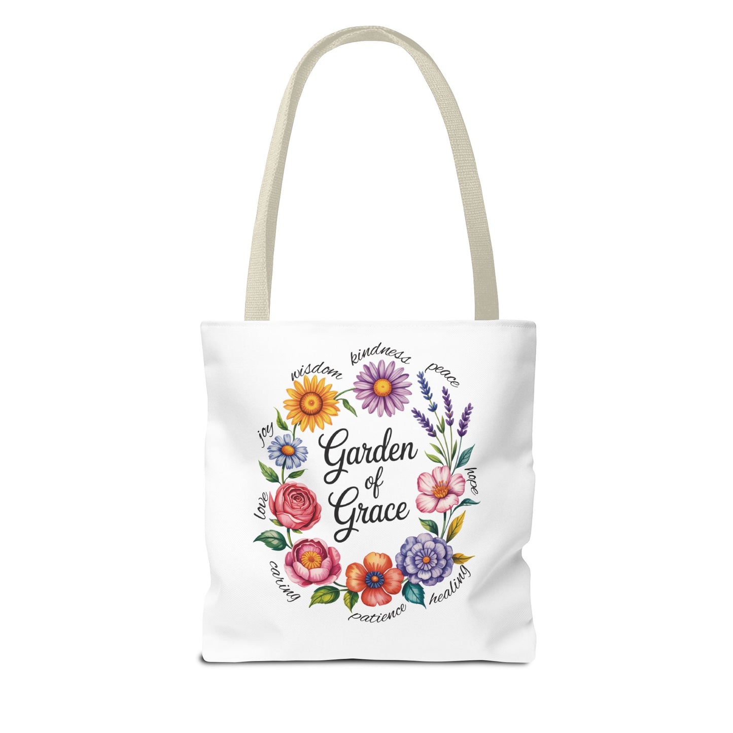 Garden of Grace Watercolor Design Tote Bag featuring hand-drawn pastel flowers and elegant script. Durable polyester with reinforced handles, available in various sizes. Ideal for adding charm to everyday outfits.