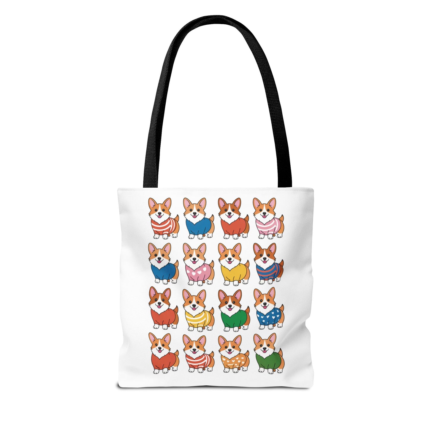 Corgi Grid Tote Bag - Cheerful Cartoon Style Dog Lover Shoulder Bag: Tote bag with adorable cartoon Corgis in unique outfits, ideal for dog lovers. Durable polyester, available in three sizes with sturdy handles.