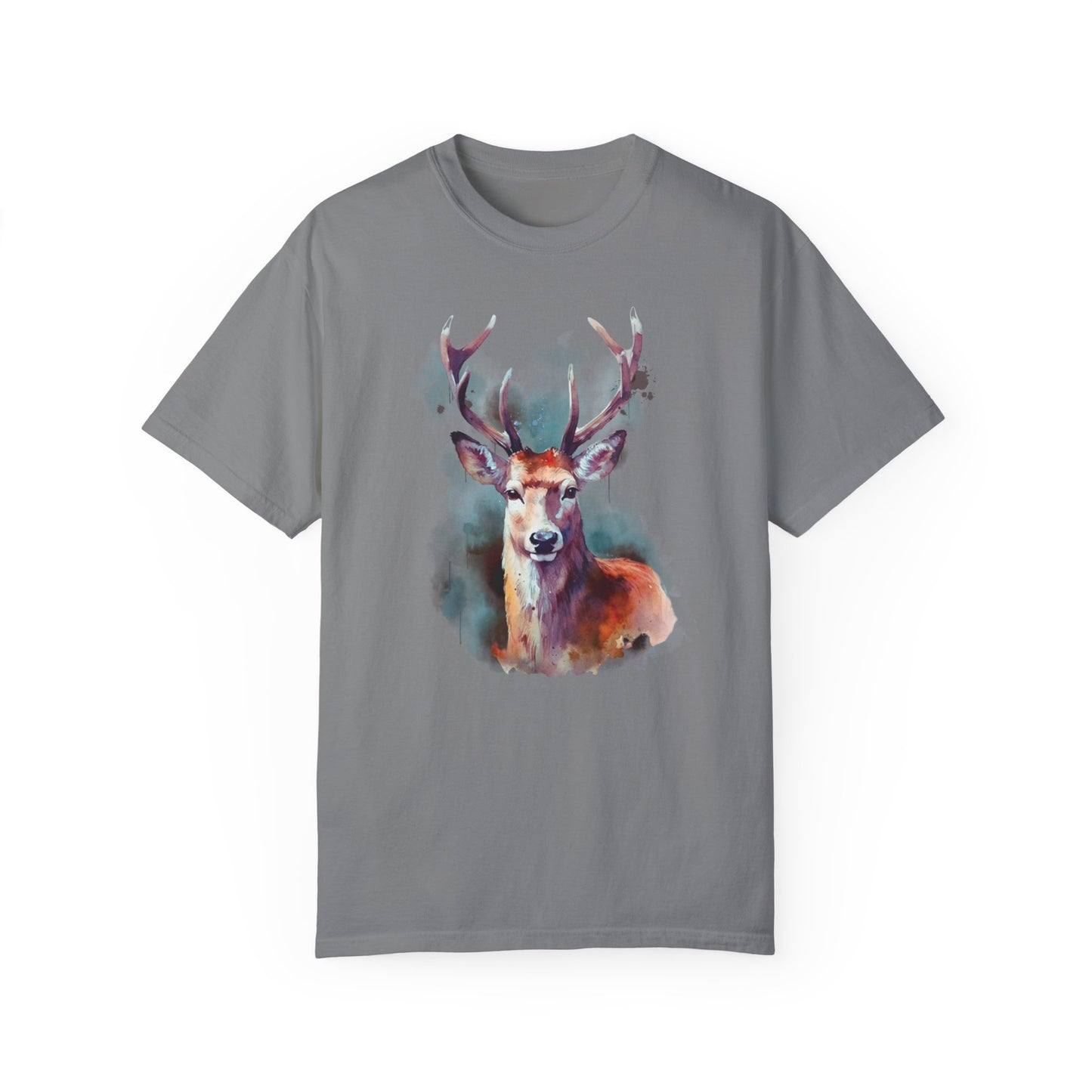 Deer Buck Comfort Colors Unisex T-Shirt featuring a detailed deer painting, ideal for nature lovers and hunting enthusiasts. Made from soft, garment-dyed fabric with durable double-needle stitching.