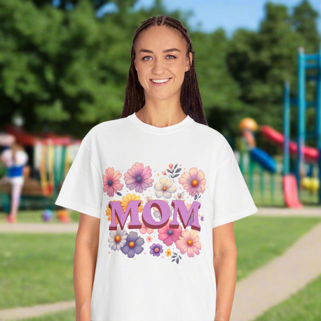 Mother's Day Comfort Colors T-shirt featuring a classic crew neckline and relaxed fit, showcasing double-needle stitching and garment-dyed 100% US cotton for a soft, durable, and comfortable wear.