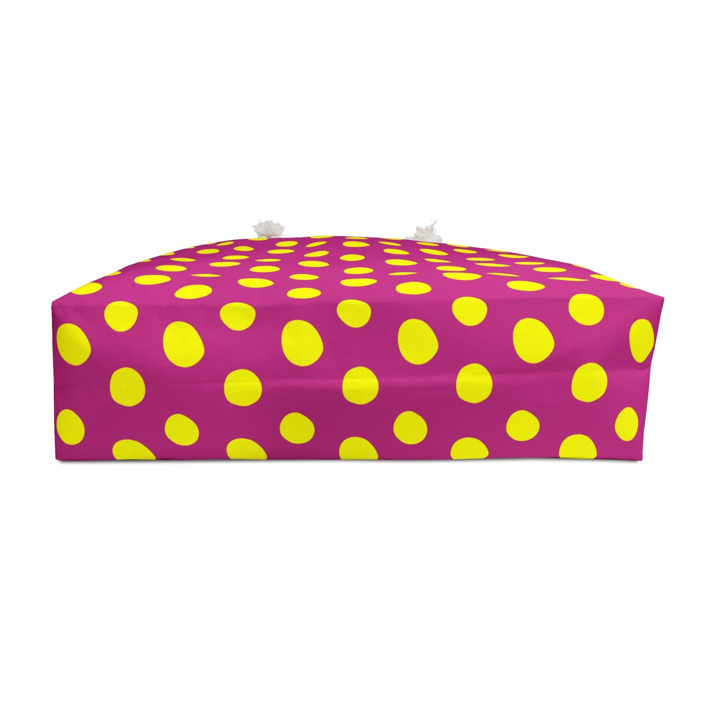 Yellow Polka Dot Red Weekender Bag featuring a playful design with rope handles, perfect for stylish travel. Ideal for weekend getaways, this spacious bag embodies FireBrook Designs' ethos of joy and comfort.