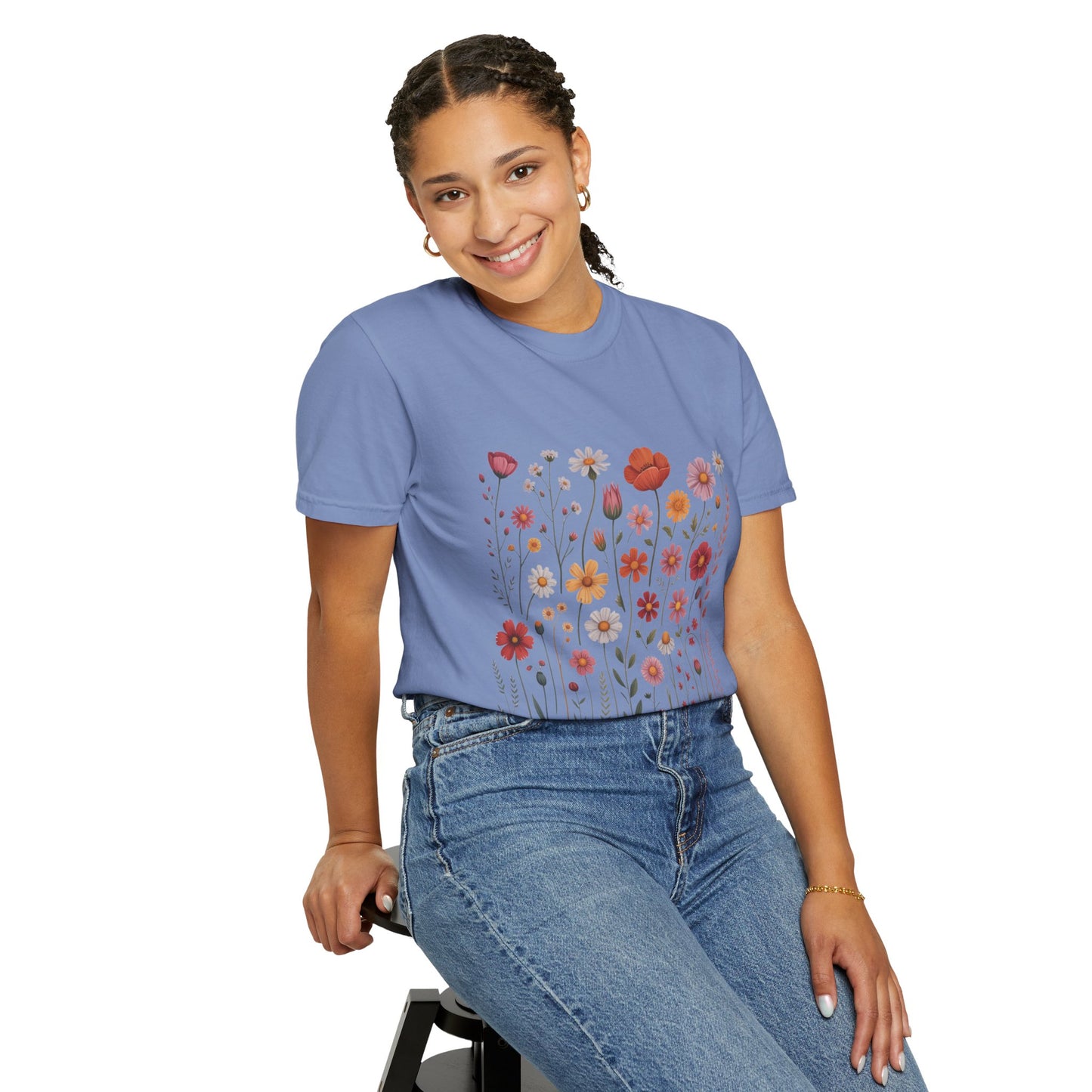 Wildflowers Summer T-Shirt with floral motifs, showcasing double-needle stitching and a sleek, seamless design. Perfect for casual outdoor activities, embodying FireBrook Essentials' ethos of stylish, joyful, and comfortable apparel.