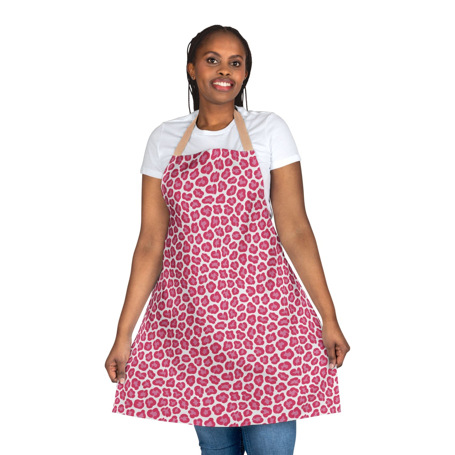 Woman wearing FireBrook Designs' Apron, Cheetah Print, showcasing its stylish and functional design with adjustable straps and soft polyester fabric, ideal for trendy home chefs and bakers.