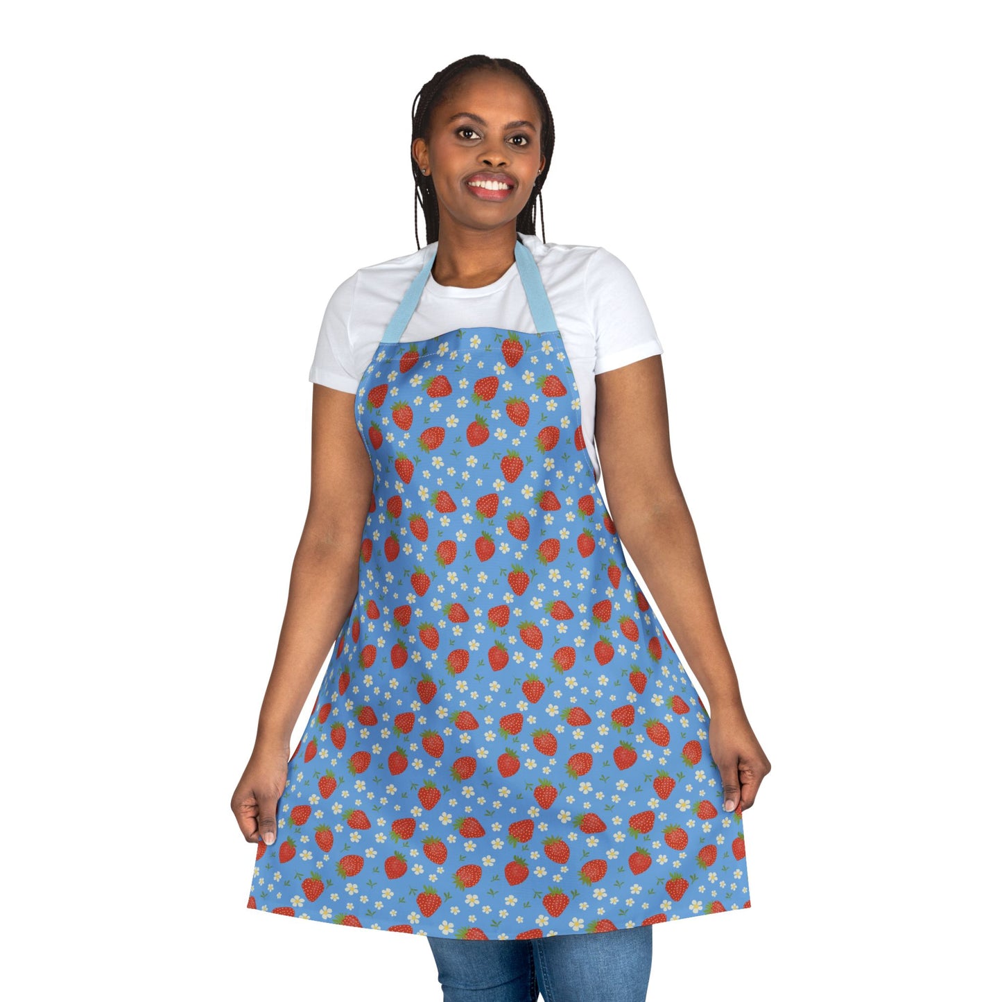 Close-up of a woman wearing the Apron, Strawberry 5-Color Straps, showcasing its vibrant strawberry pattern and adjustable tie-back closure, ideal for cooking or crafting.