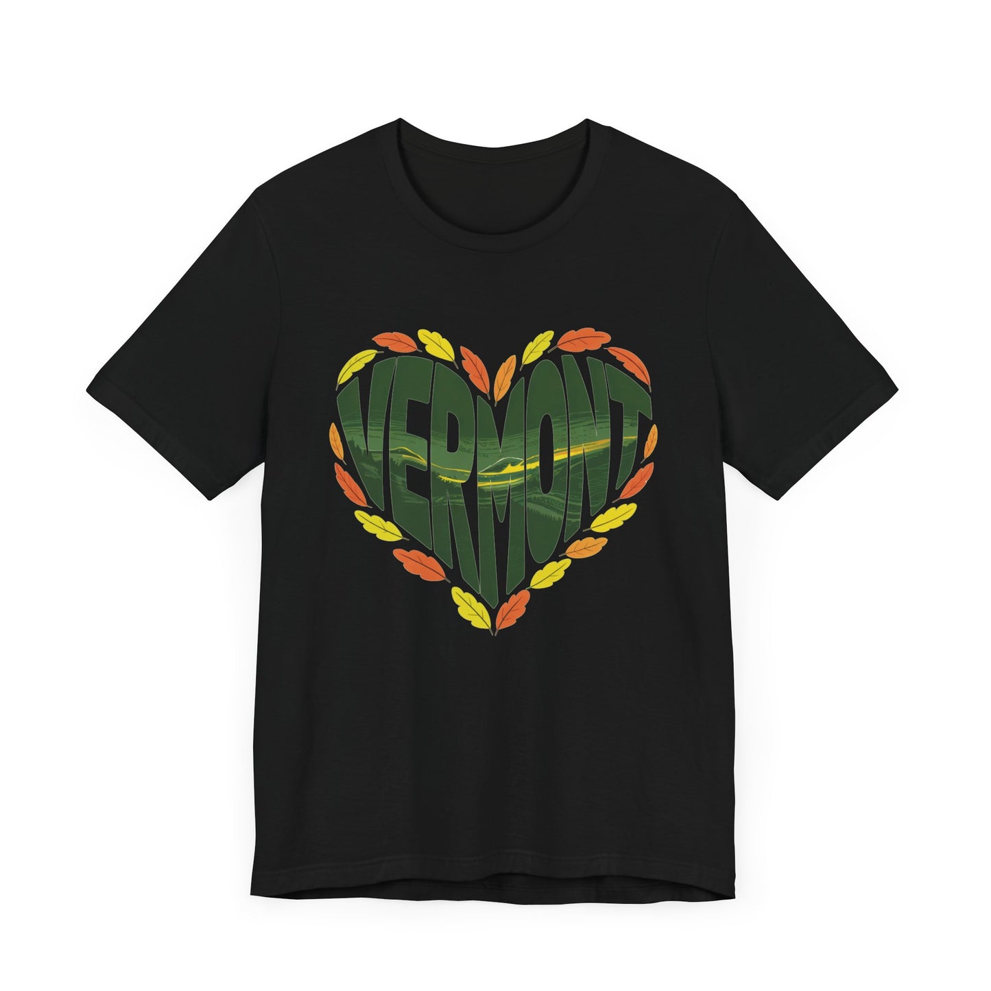 Vermont Love Bella+Canvas Unisex T-Shirt showcasing a relaxed, outdoorsy design, ideal for nature enthusiasts. Crafted with 100% Airlume cotton, it offers a comfortable fit for casual or semi-formal wear.