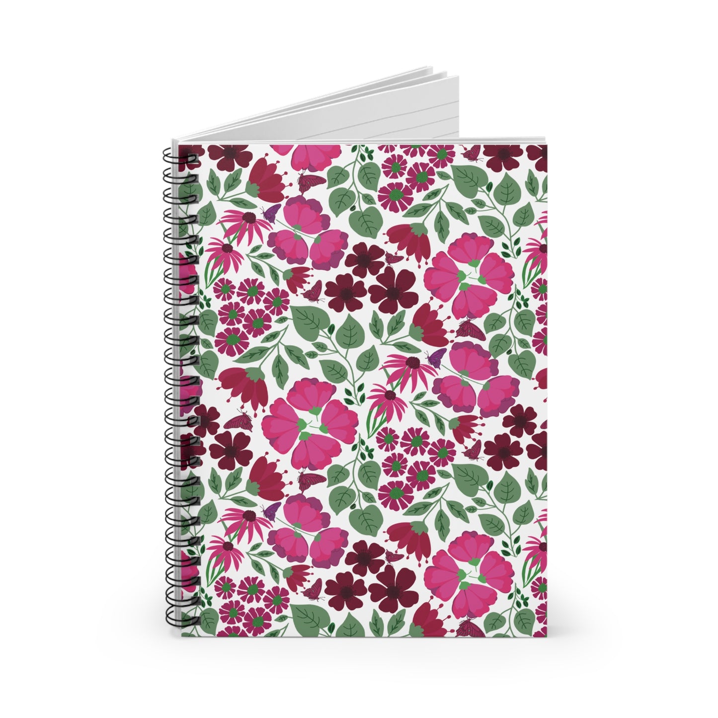 Floral Spiral Notebook featuring a vibrant pink and burgundy floral pattern with green leaves, designed for creativity and organization, perfect for students, professionals, or as a thoughtful gift.