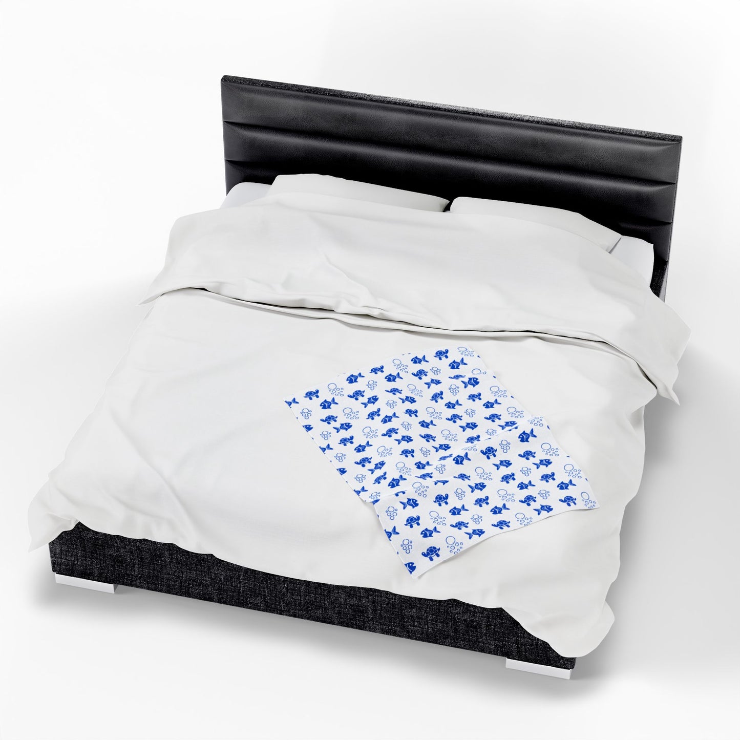 Fish and Turtle Sealife Velveteen Plush Blanket, featuring a soft, medium heavyweight fabric for ultimate comfort. Perfect for cozy home settings, customizable with vibrant, detailed prints on one side. Available in three sizes.