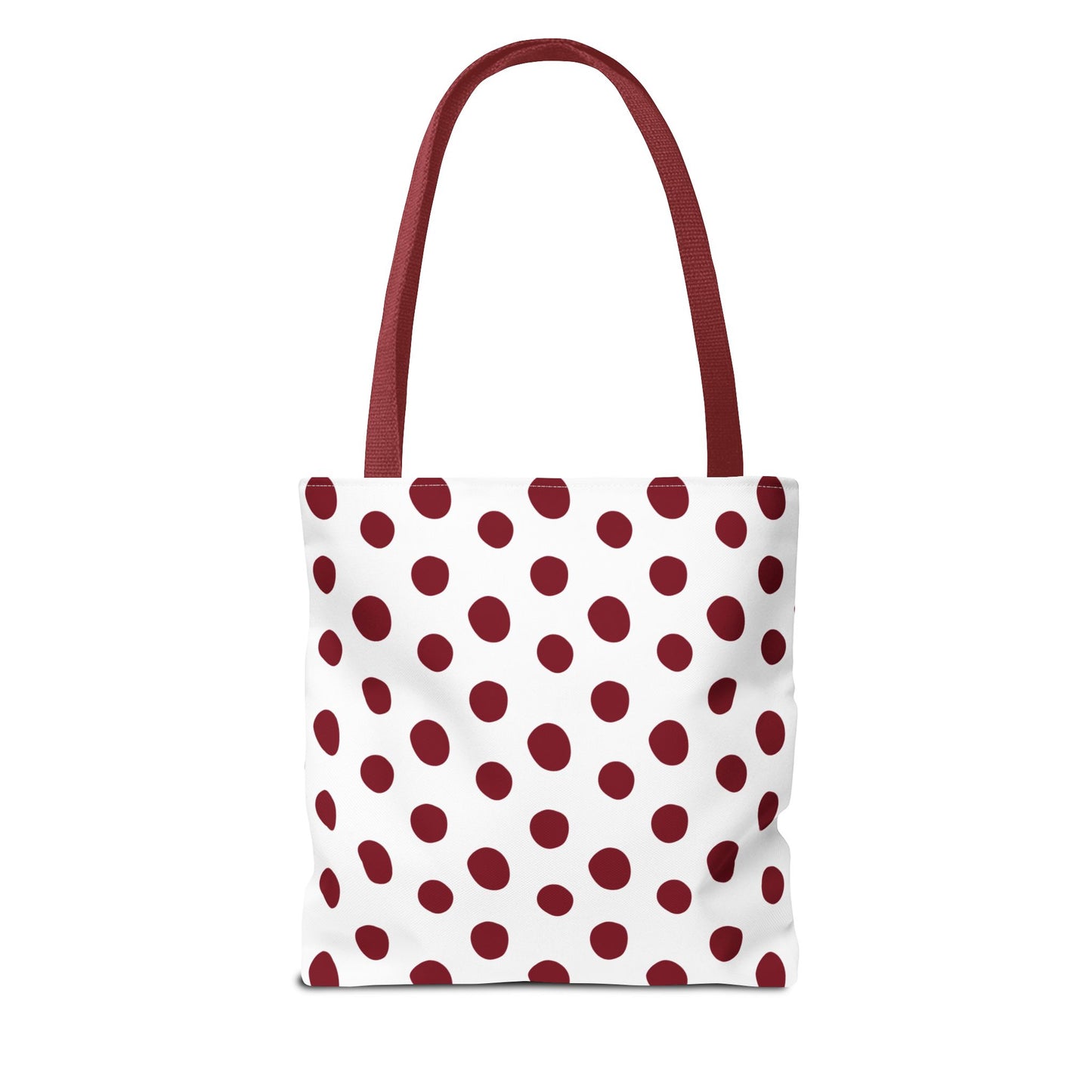 Burgundy Polka Dots Tote Bag with red and white polka dots and a sturdy red strap. Ideal for everyday use, this stylish accessory embodies FireBrook Designs' commitment to practicality and joy.