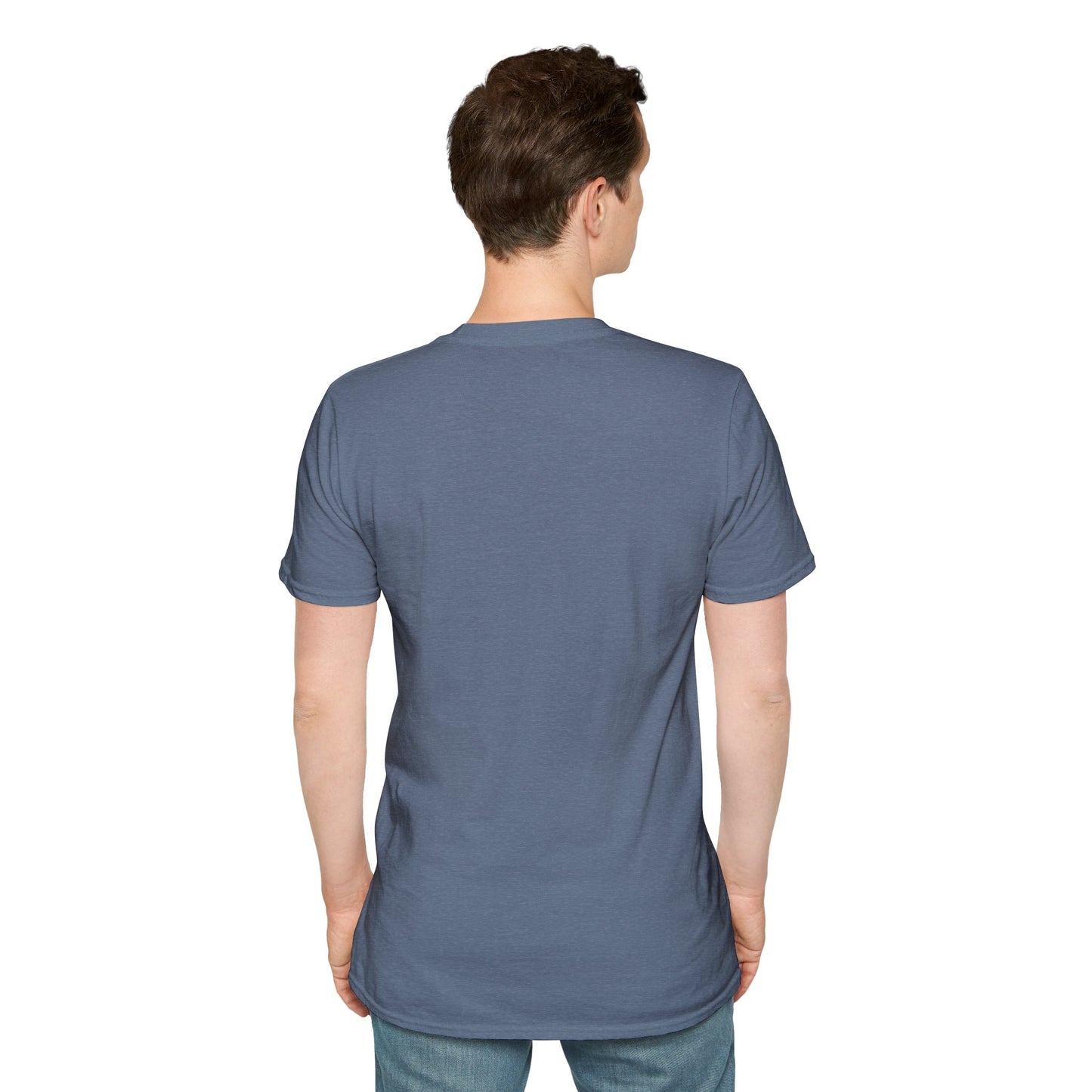 Think Love Defy Penguin Animal Nature Gildan Unisex T-Shirt featuring an artistic penguin design, worn by a man, showcasing a comfortable and stylish fit ideal for casual and nature-themed occasions.