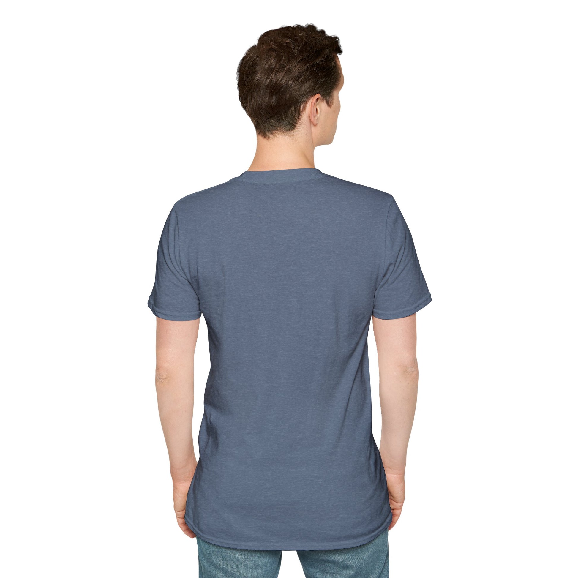Think Love Defy Penguin Animal Nature Gildan Unisex T-Shirt featuring an artistic penguin design, worn by a man, showcasing a comfortable and stylish fit ideal for casual and nature-themed occasions.