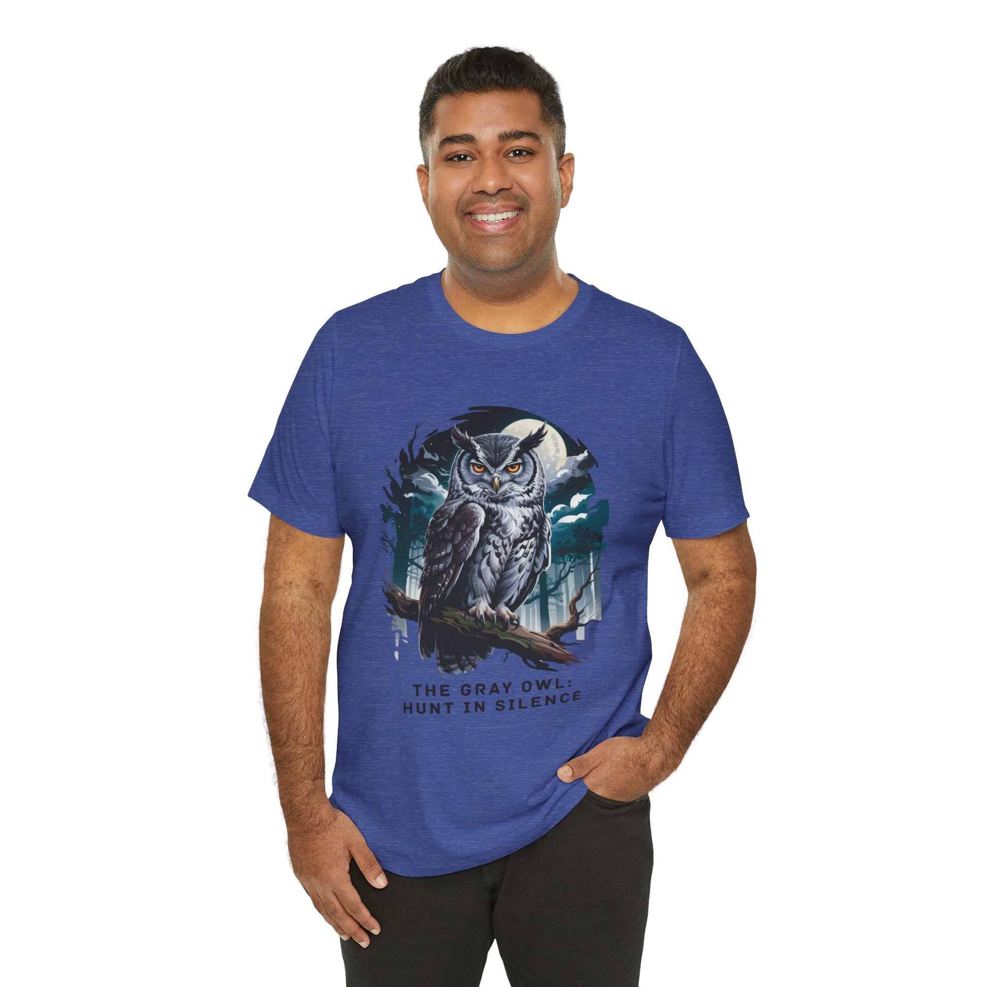 The Gray Owl: Hunt in Silence Bella+Canvas Unisex T-Shirt features a detailed owl print on a comfortable jersey fabric, perfect for casual, nature-inspired outings.