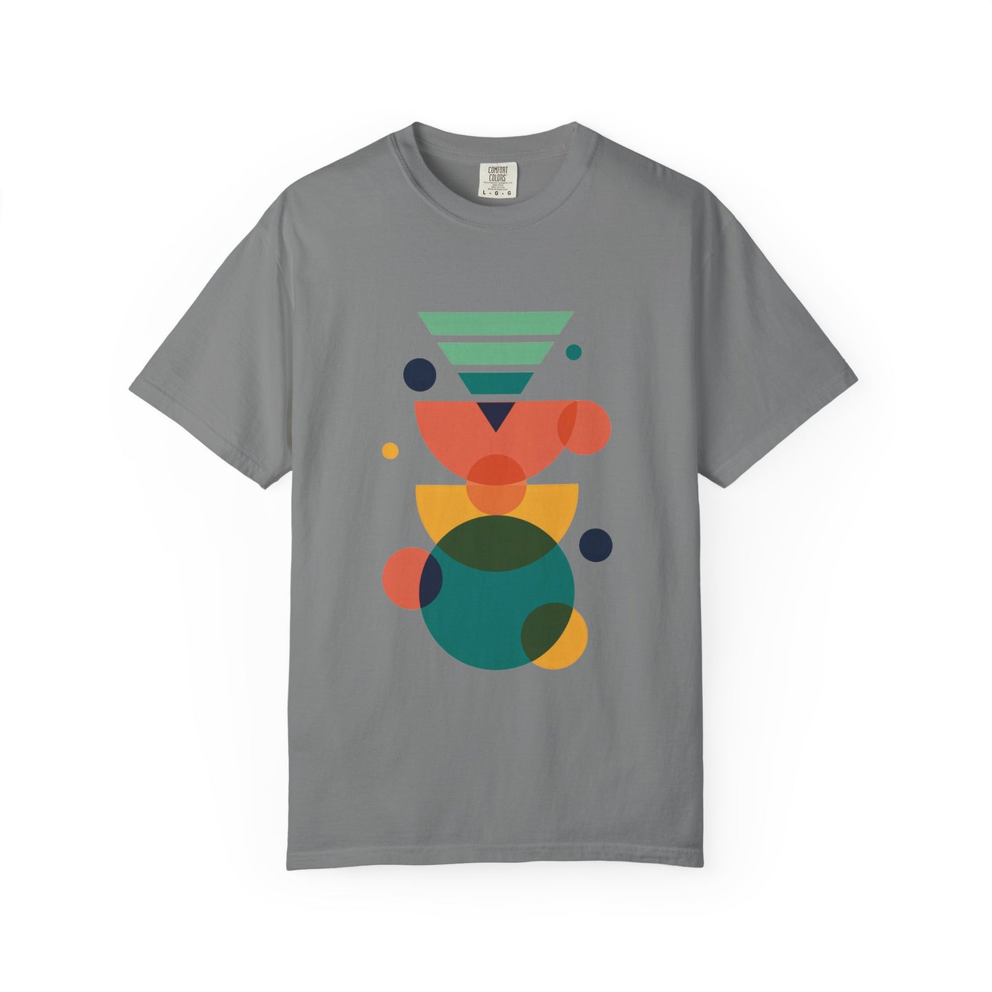 Geometric Abstract T-Shirt featuring colorful geometric shapes, offering a trendy, artistic vibe. Made from soft garment-dyed cotton, this unisex tee is a stylish, versatile addition to any wardrobe.