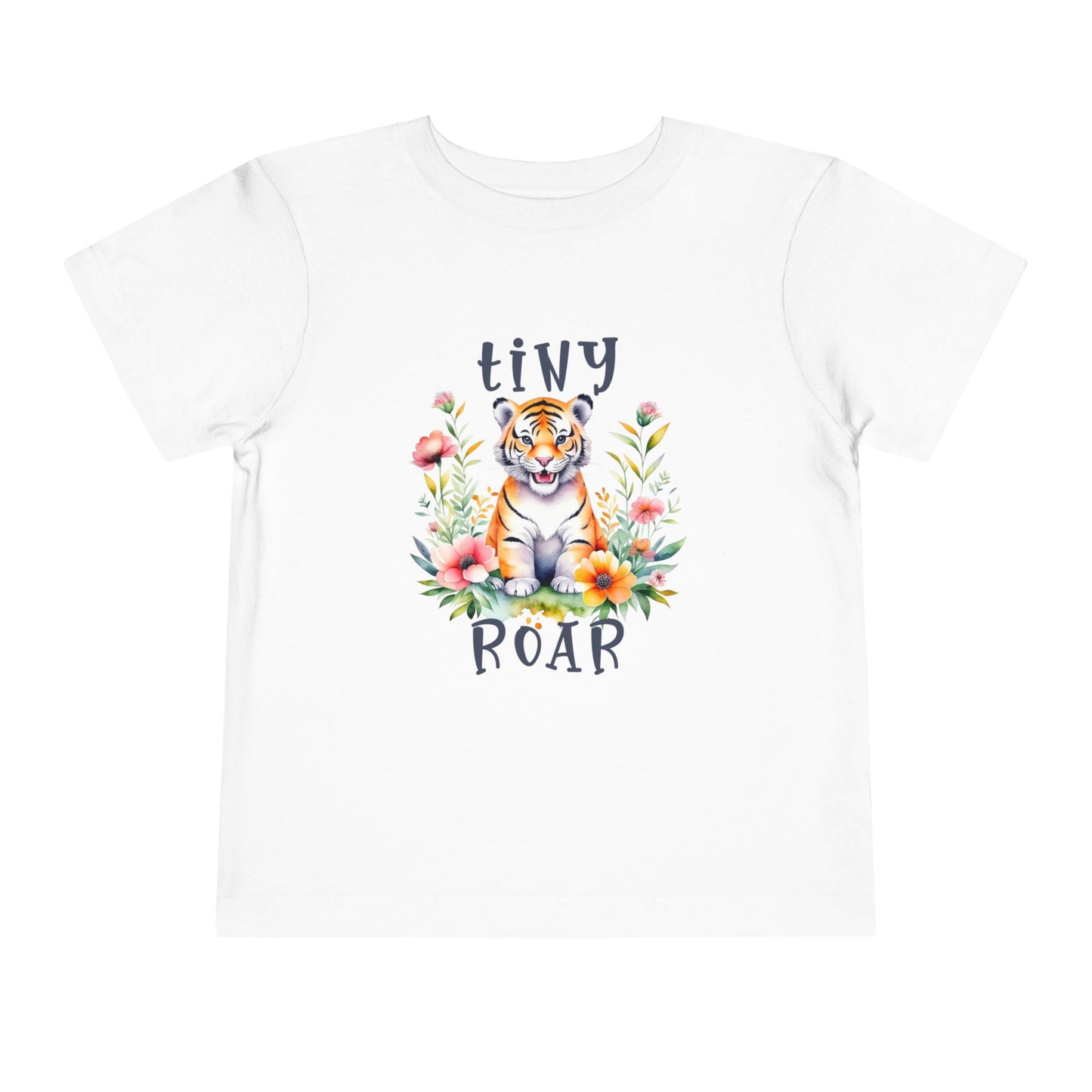 Tiny Roar Toddler T-Shirt features a playful tiger and floral design on a white tee, perfect for adventurous toddlers, embodying FireBrook Essentials' blend of comfort and joyful style.