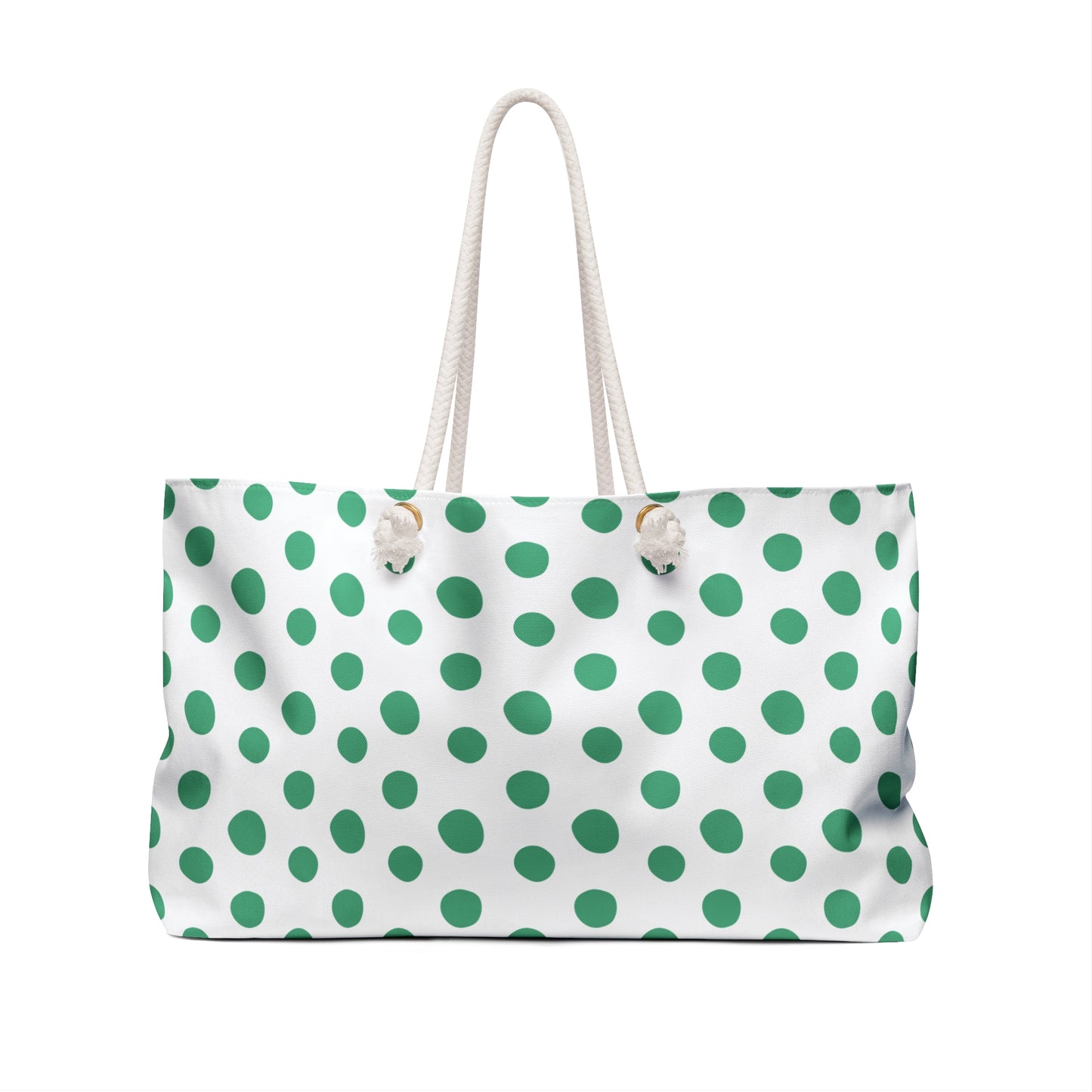 Copy of Weekender Bag Green Polka (large) Dots Travel Tote features playful green and white polka dots, with sturdy blue rope handles, embodying FireBrook Essentials' vibrant and joyful design ethos. Perfect for stylish getaways.