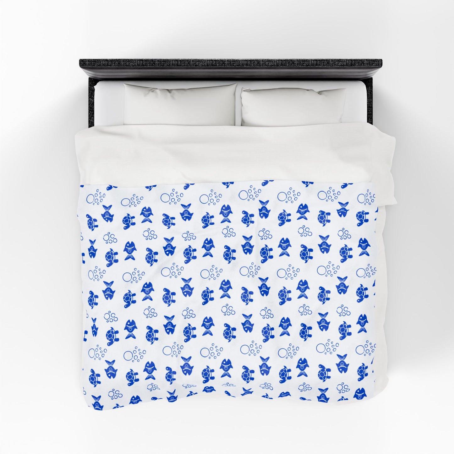 Fish and Turtle Sealife Velveteen Plush Blanket, offering a cozy, soft touch with vibrant, detailed one-sided print. Perfect for home or gifting, available in three sizes for personalized comfort.