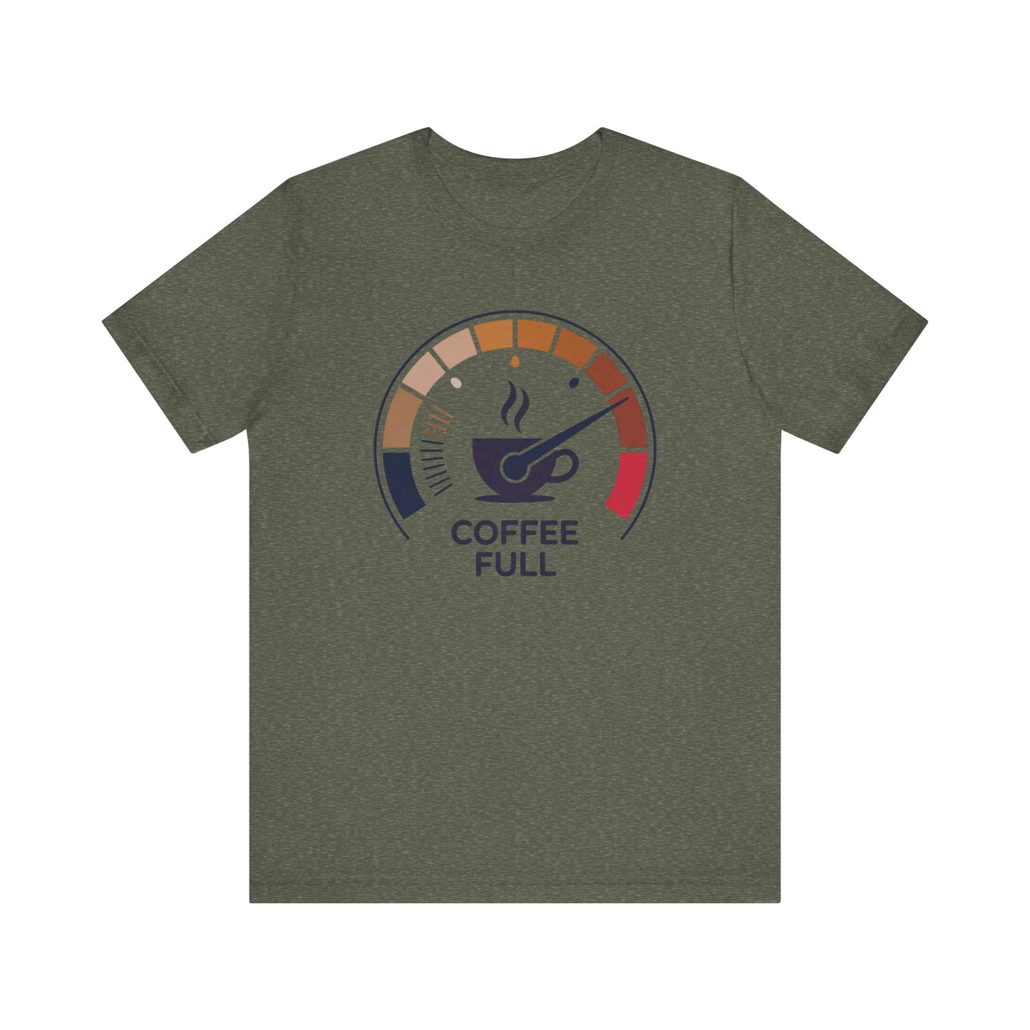 Coffee Full Bella+Canvas Unisex T-Shirt featuring a graphic design of a gauge with a cup and spoon, ideal for coffee lovers, embodying FireBrook Essentials' commitment to stylish and joyful apparel.