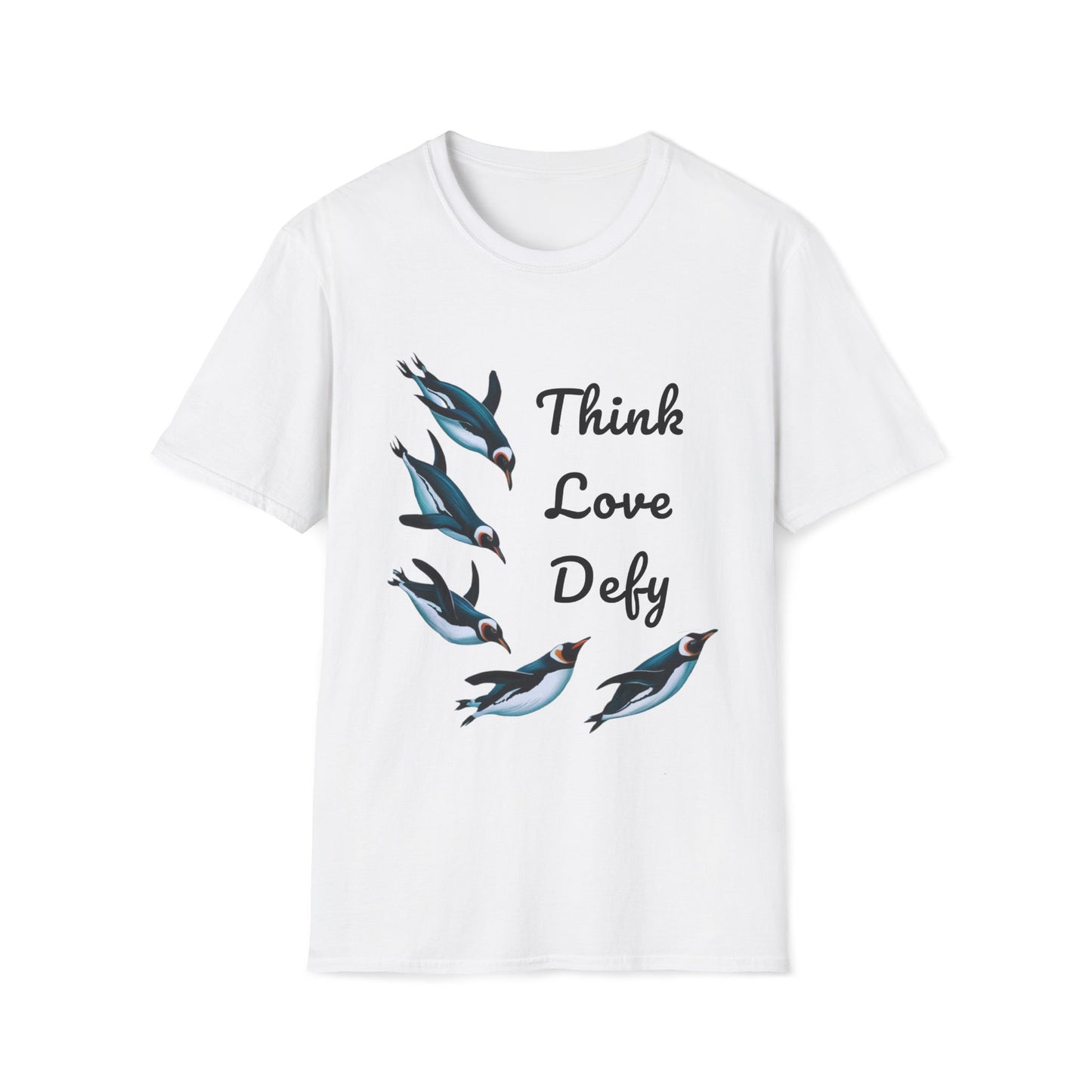 Think Love Defy Penguin Animal Nature Gildan Unisex T-Shirt featuring a playful penguin design, ideal for nature enthusiasts. Perfect for casual wear or outdoor activities, reflecting FireBrook Essentials' commitment to joyful, uplifting apparel.