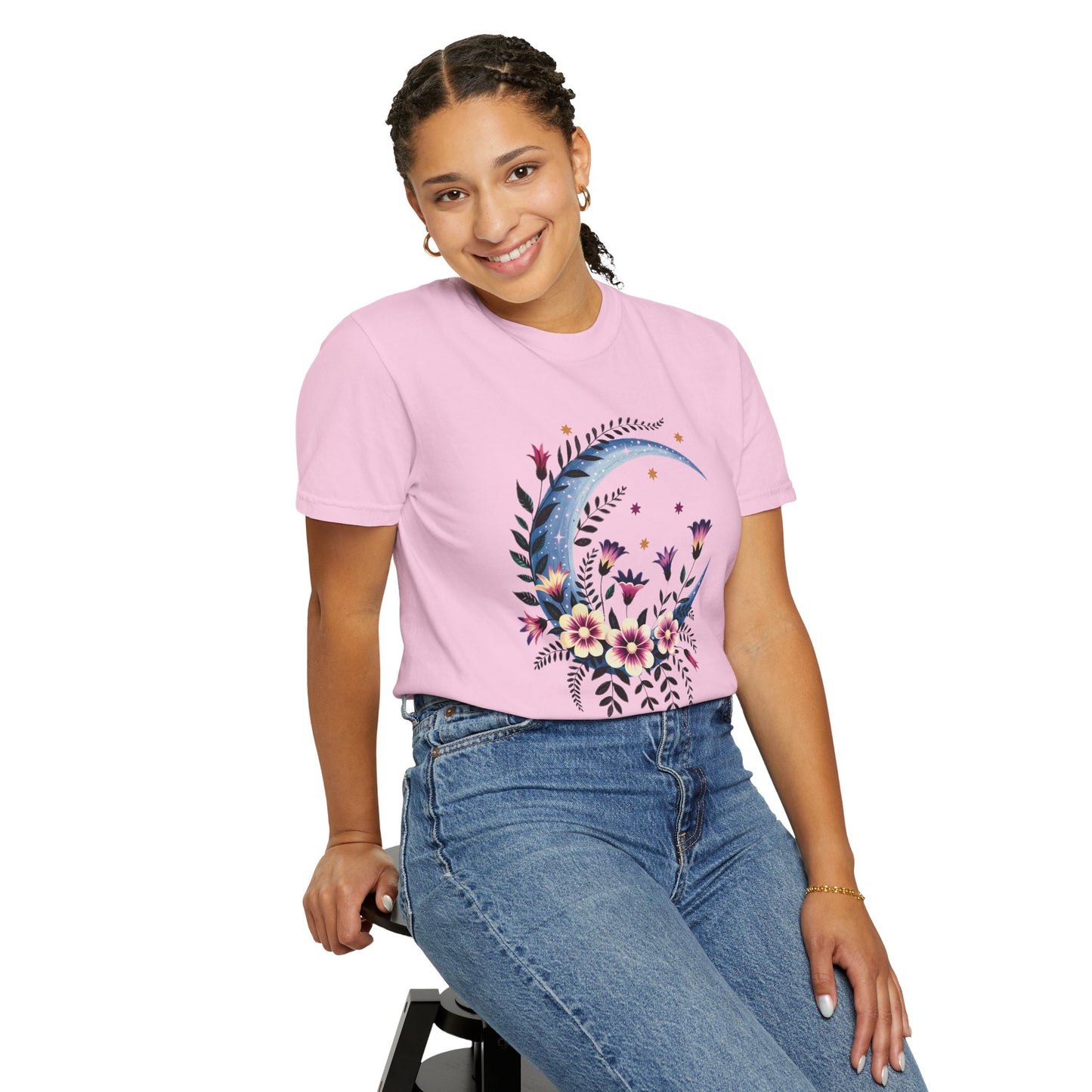 Crescent Moon Floral T-Shirt with a bohemian design, featuring durable double-needle stitching, relaxed fit, and crew neckline, embodying FireBrook Essentials' uplifting and stylish apparel ethos.
