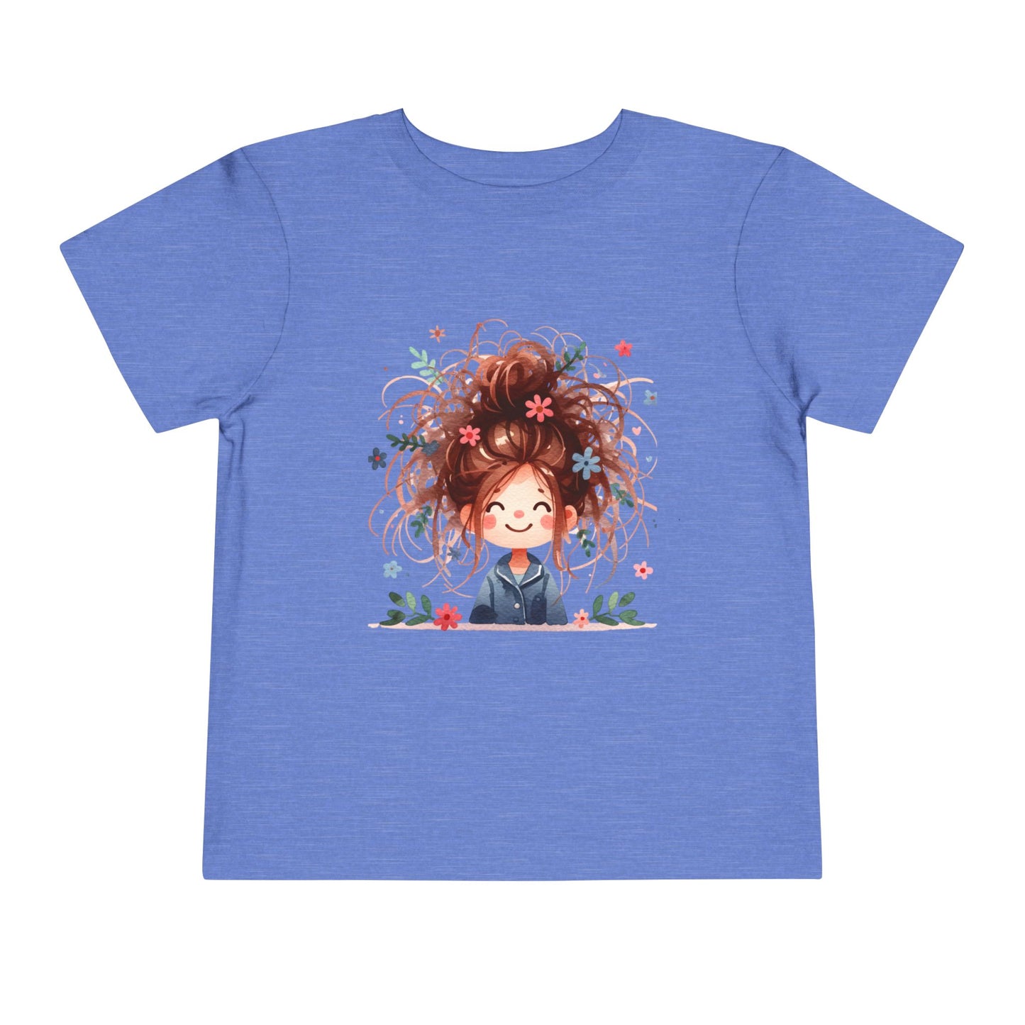 Curly Hair Toddler T-Shirt featuring a cartoon girl with flowers, perfect for playdates and special occasions. Comfortable with side seams, this tee from FireBrook Essentials embodies joyful, stylish apparel for toddlers.