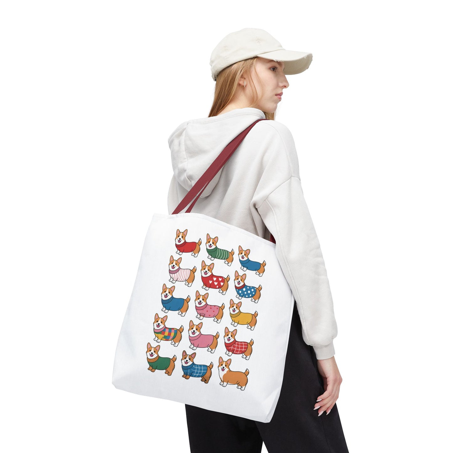 Cheerful Corgi Cartoon Style Dog Lover Tote Bag featuring adorable corgis in cute outfits, perfect for everyday use. Durable polyester with reinforced handles, ideal for dog lovers from FireBrook Essentials.