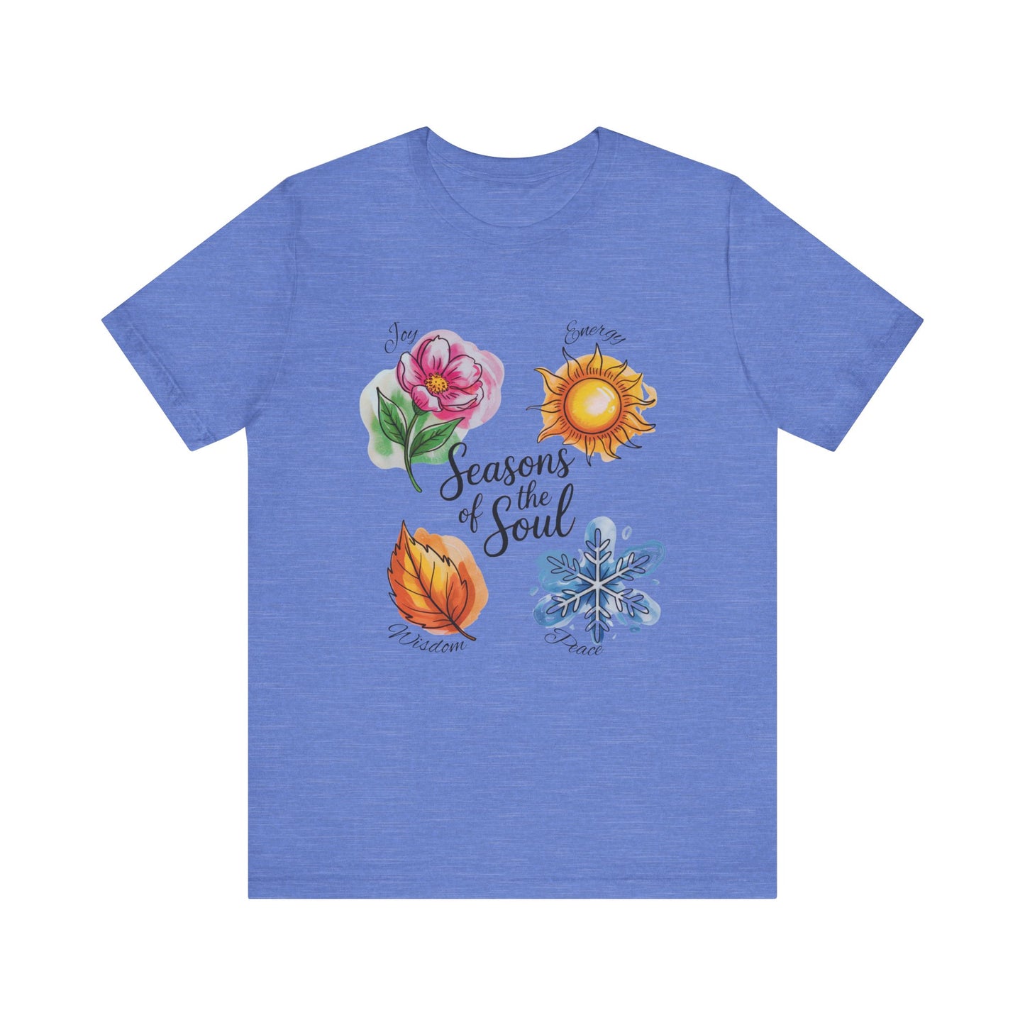 Seasons of the Soul: Joy, Energy, Wisdom & Peace T-Shirt, a unisex jersey short-sleeve tee showcasing a serene design symbolizing life's seasons, ideal for yoga or spiritual practices.