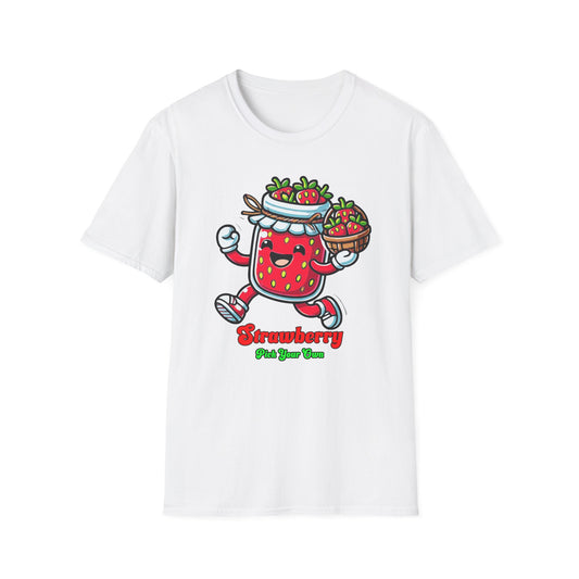Pick Your Own Strawberry Gildan Unisex T-Shirt featuring a cartoon strawberry holding a basket of strawberries, perfect for summer fruit picking enthusiasts.