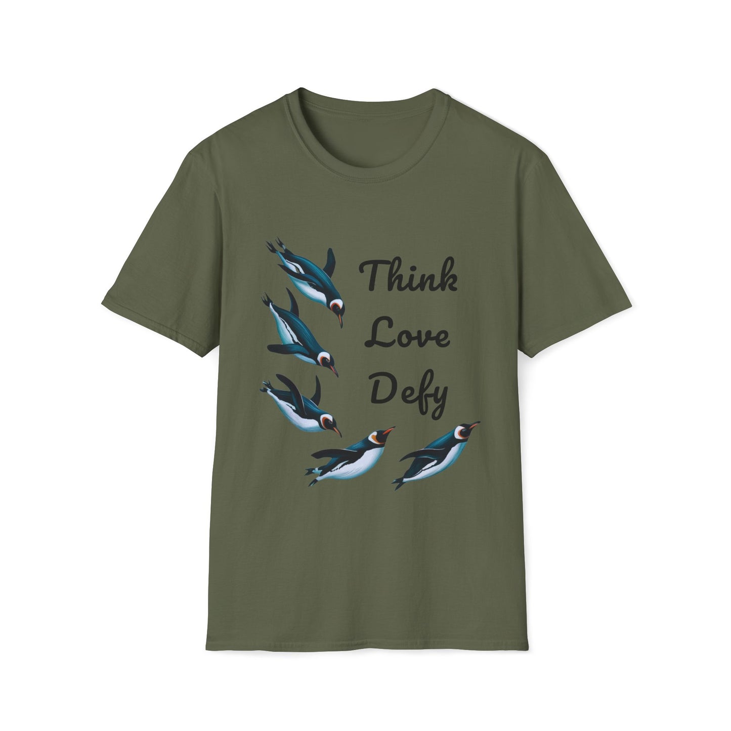 Think Love Defy Penguin Animal Nature Gildan Unisex T-Shirt featuring a vibrant penguin design, perfect for casual wear or as a statement piece, made from sustainable, eco-friendly materials.