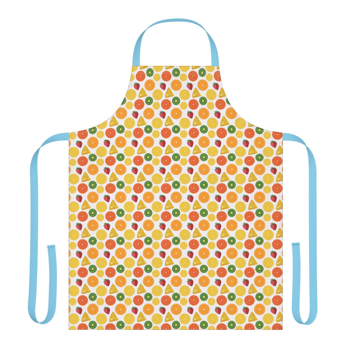 Apron, Fruit Slices Pattern, 5-Color Straps: Vibrant, fruit-themed apron with blue straps, ideal for creative activities. Made from polyester canvas, it's designed for comfort and style, embodying FireBrook Essentials' uplifting approach.