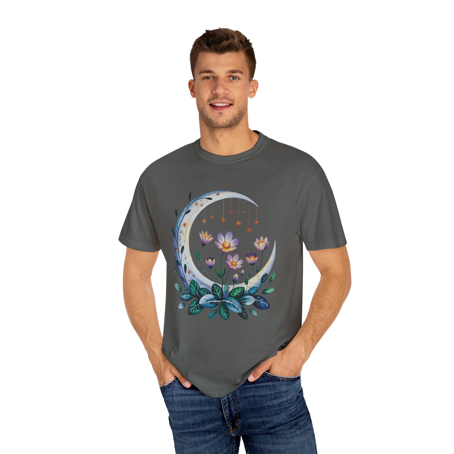 Crescent Moon Floral T-Shirt with a bohemian design, showcasing intricate floral patterns. The relaxed fit and crew neckline make it perfect for casual outings or special gatherings, reflecting FireBrook Essentials' uplifting style.