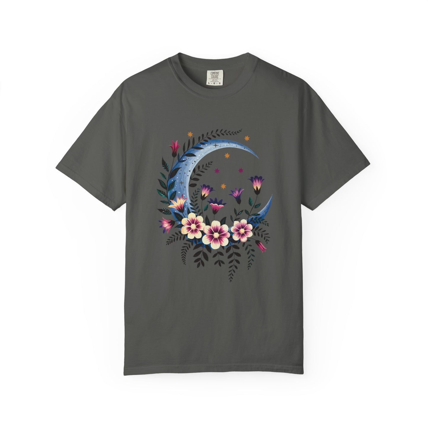 Crescent Moon Floral T-Shirt showcasing a bohemian design with intricate floral patterns, embodying a relaxed fit and crew neckline. Ideal for nature lovers, aligning with FireBrook Essentials' joyful and stylish apparel ethos.