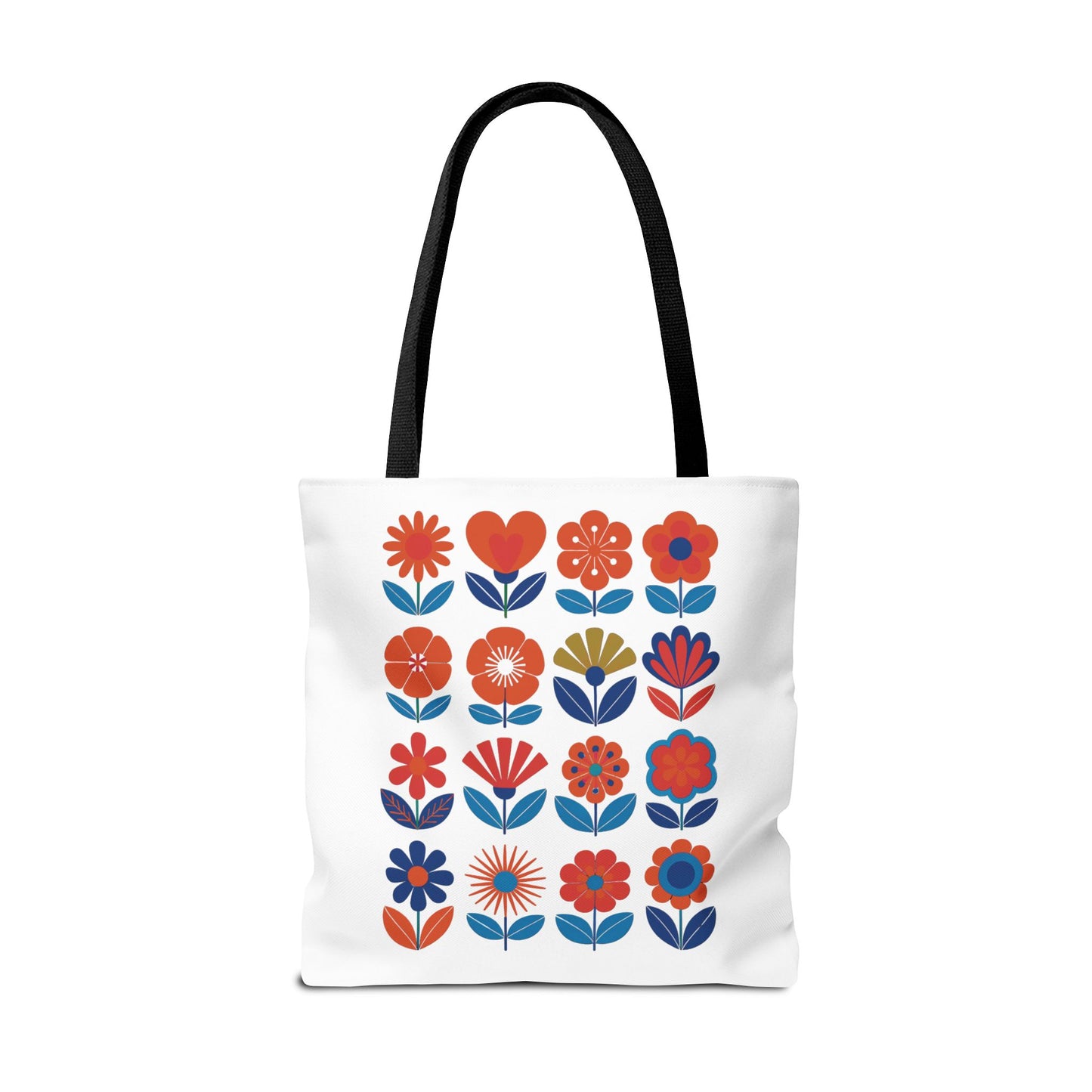 Floral Tote Bag with mid-century modern floral patterns, showcasing reinforced stitching and boxed corners for durability. Perfect for fashion-forward individuals seeking a stylish, everyday companion from FireBrook Essentials.