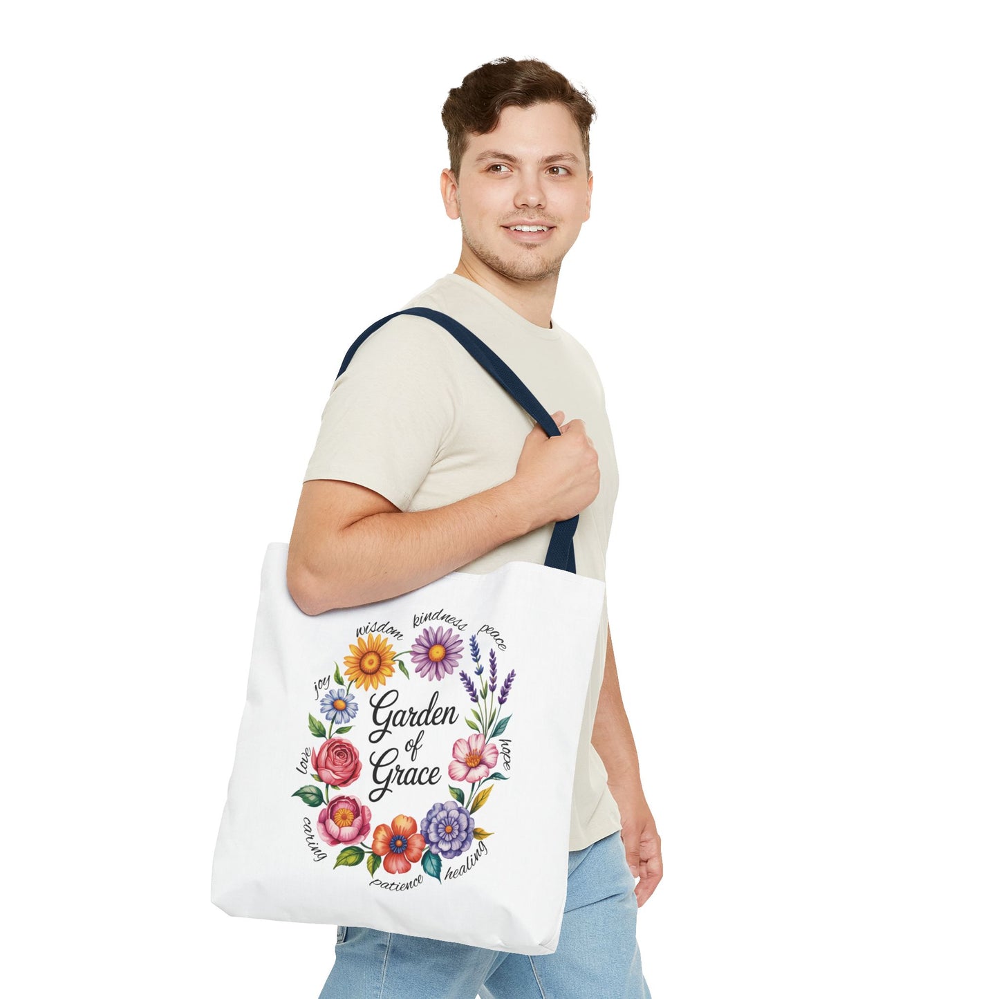 Garden of Grace Watercolor Design Tote Bag showcases hand-drawn flowers with elegant 'Garden of Grace' script, offering charm and durability for everyday use, aligning with FireBrook Essentials' uplifting, stylish ethos.