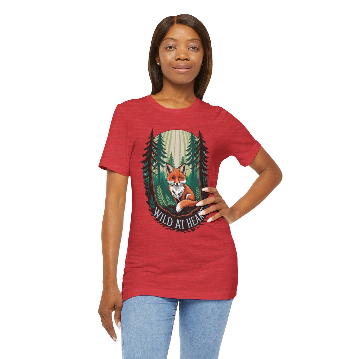 Woman wearing the Wild at Heart Fox Illustration Bella+Canvas Unisex T-Shirt, featuring a fox design on a comfortable, lightweight fabric, ideal for casual and nature-loving enthusiasts.