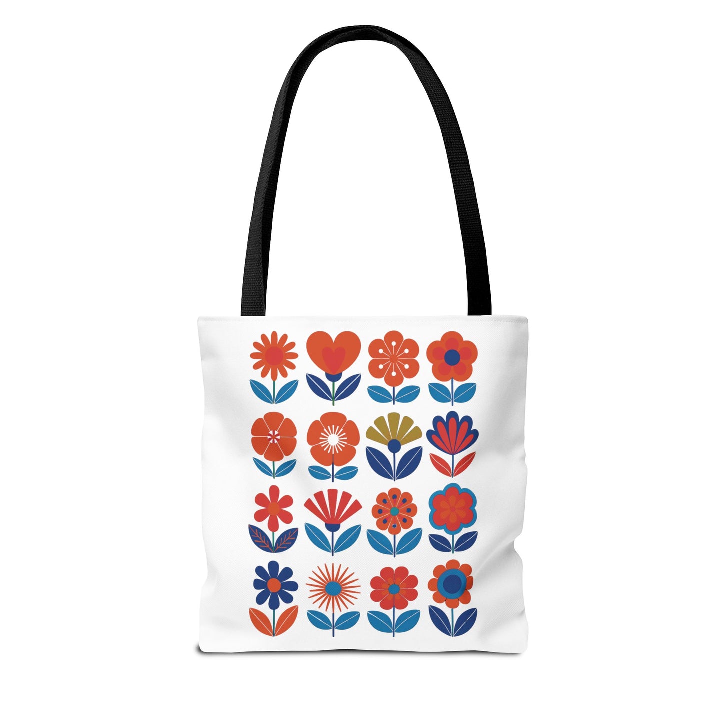 Floral Tote Bag with mid-century modern floral design, perfect for carrying essentials. Durable polyester with reinforced stitching and boxed corners, available in multiple sizes from FireBrook Essentials.