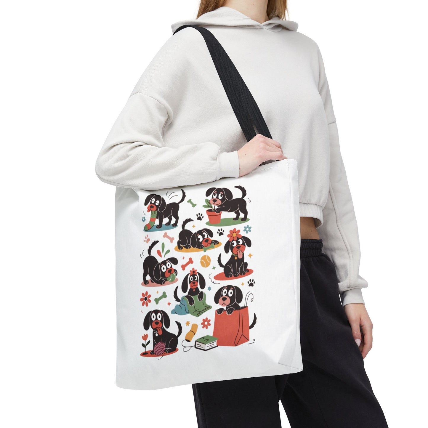 Dog Tote Bag - Playful Cartoon Illustration Design featuring whimsical cartoon dogs with everyday objects, perfect as a reusable shopping bag or gift for dog lovers, available in three sizes.