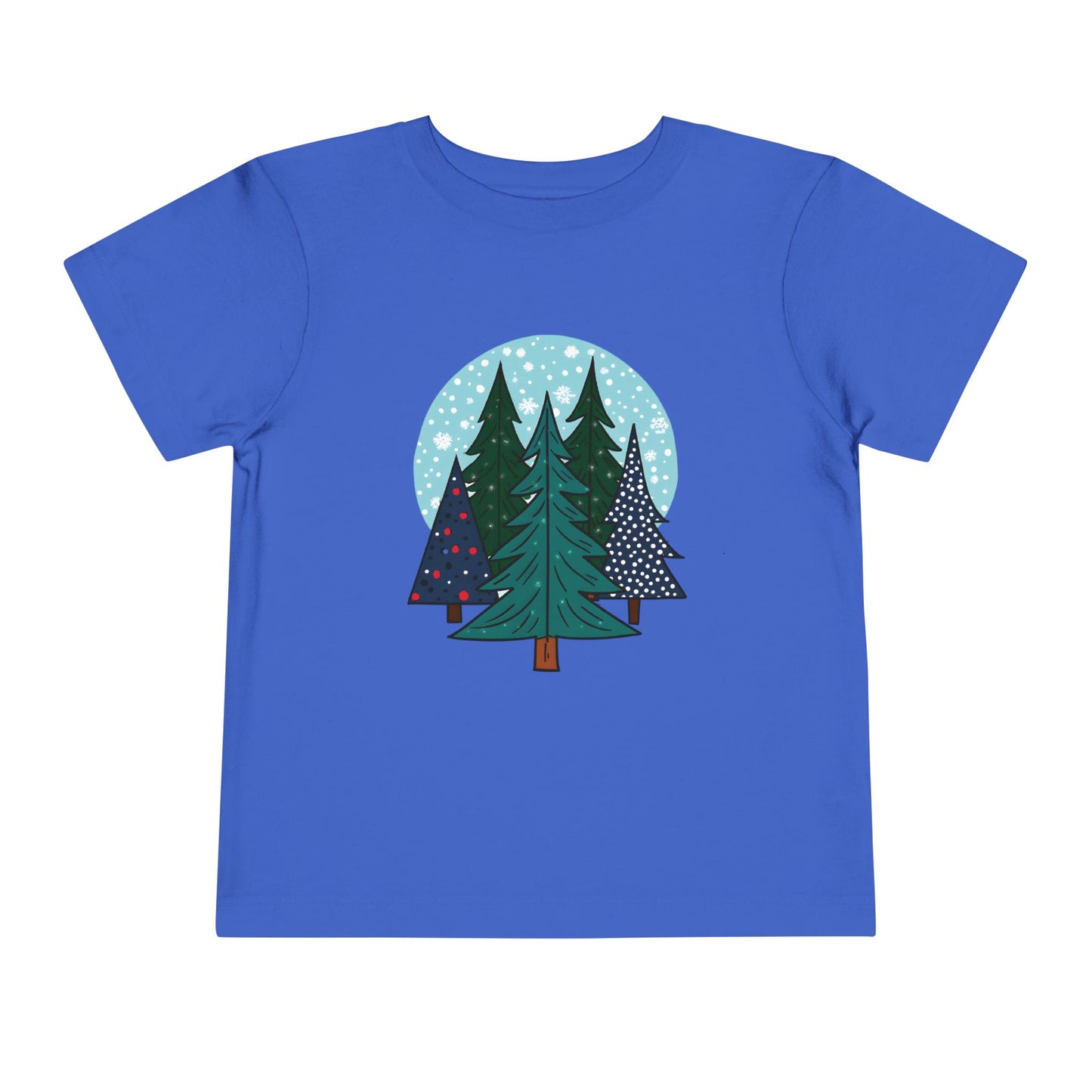 Festive Pines Toddler T-Shirt features playful pine trees adorned with snowflakes, capturing a whimsical winter scene. Made from soft cotton, perfect for holiday cheer and comfort.