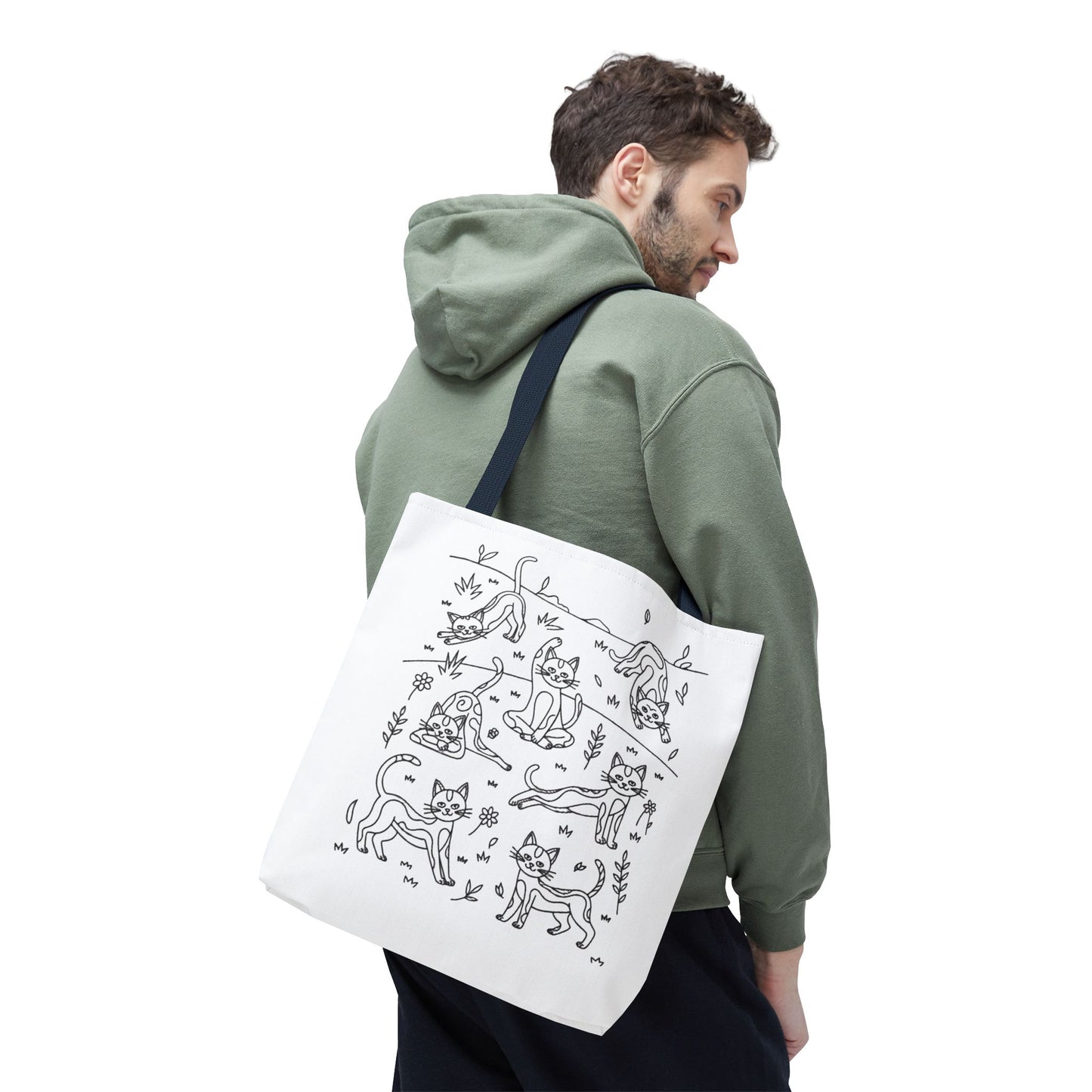 Yoga Cat Tote Bag showcasing playful cats in yoga poses, perfect for cat lovers and yoga enthusiasts. Ideal for errands, this durable polyester bag features reinforced handles and spacious boxed corners.