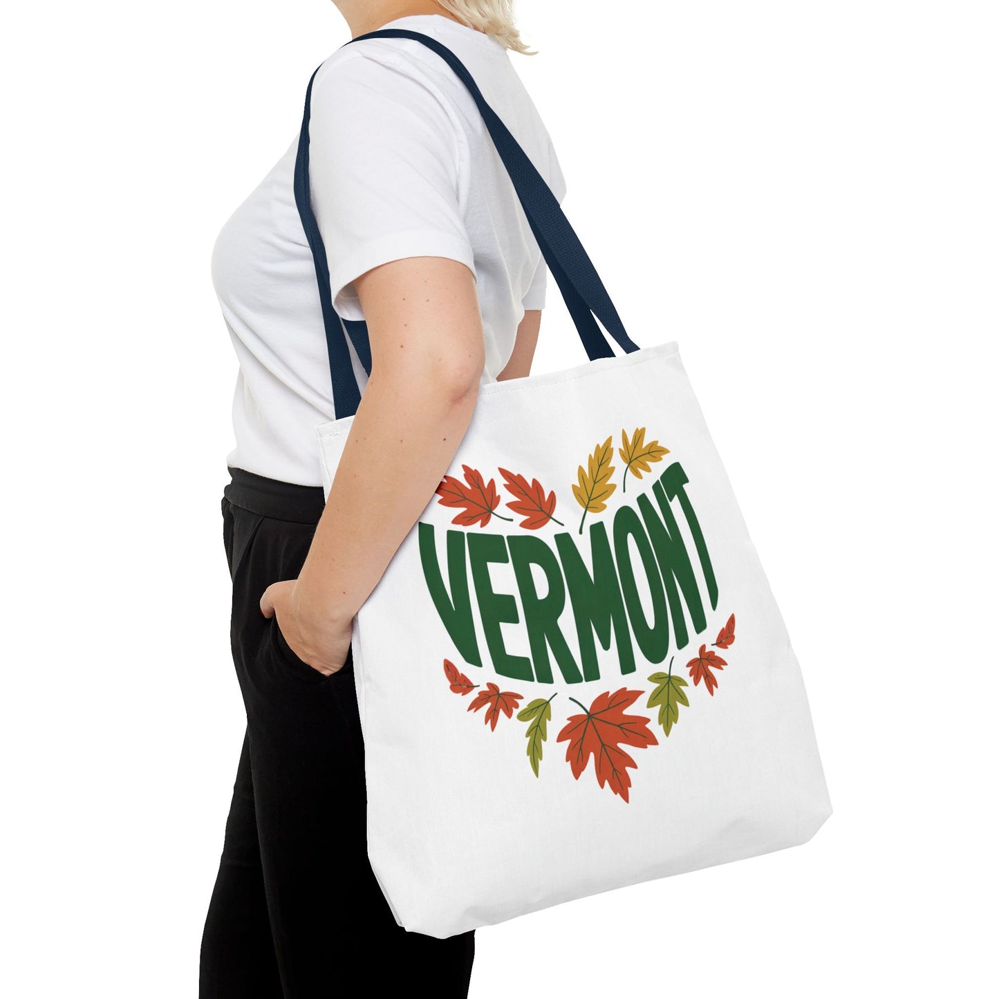 Close-up of the Vermont Tote Bag from FireBrook Designs, showcasing its durable polyester fabric and reinforced stitching. Ideal for daily use, with spacious boxed corners and versatile handle color options.