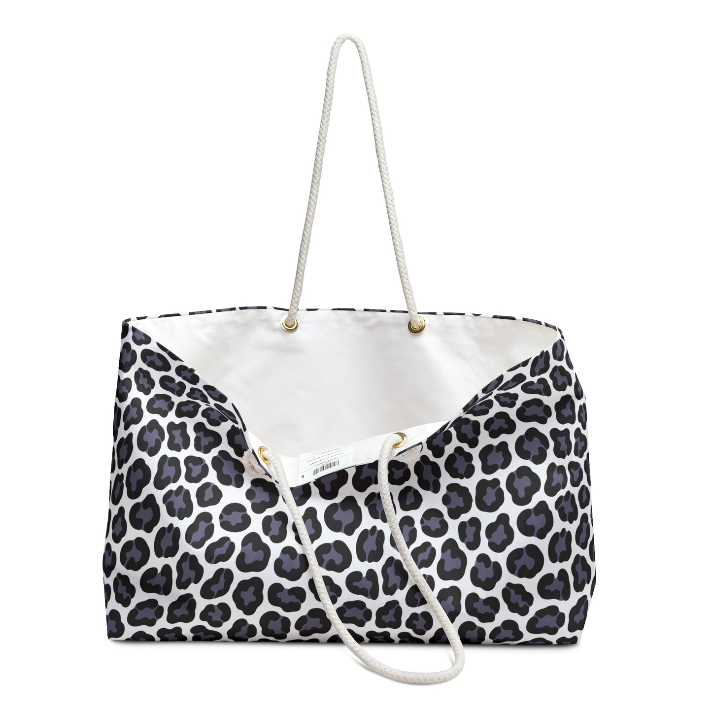 Weekender Bag - Gray Cheetah Print Duffle Bag: Close-up view showing durable rope handles and stylish black-and-white cheetah pattern, embodying FireBrook Designs' blend of comfort and style for joyful travel experiences.