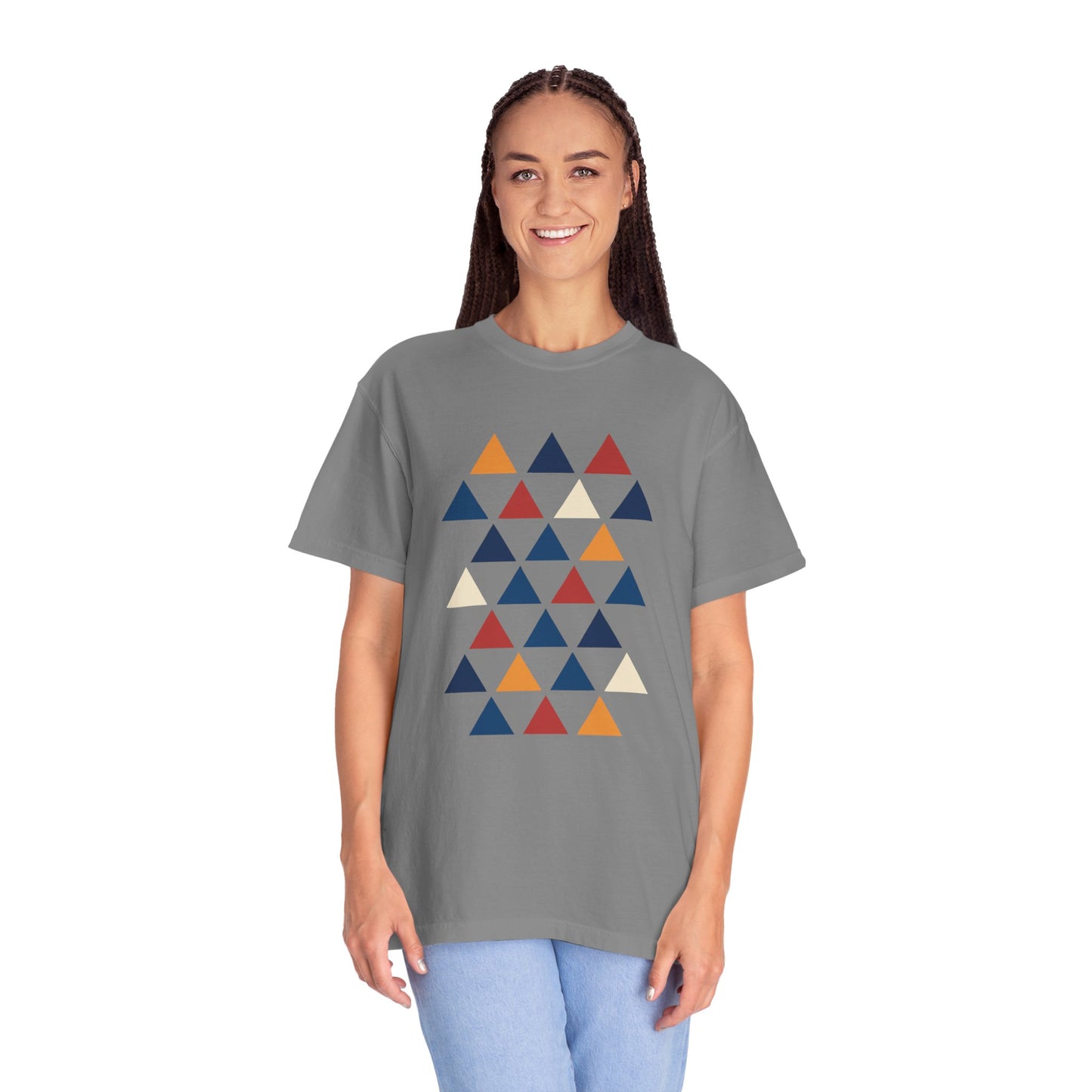 Geometric Triangle Grid T-Shirt with a modern design of equilateral triangles in varied colors, offering a minimalist yet stylish look, ideal for both casual and special occasions at FireBrook Essentials.