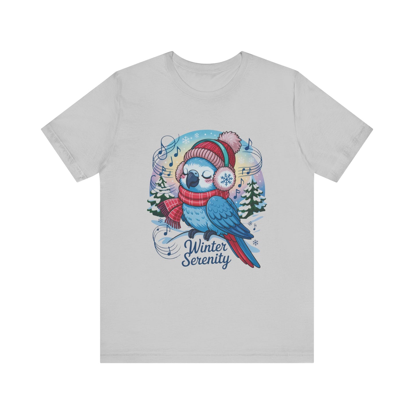 Winter Serenity Cute Baby Parrot Unisex T-Shirt featuring a charming parrot graphic, ideal for casual holiday wear. Made from 100% Airlume cotton with a retail fit, offering comfort and style for all seasons.